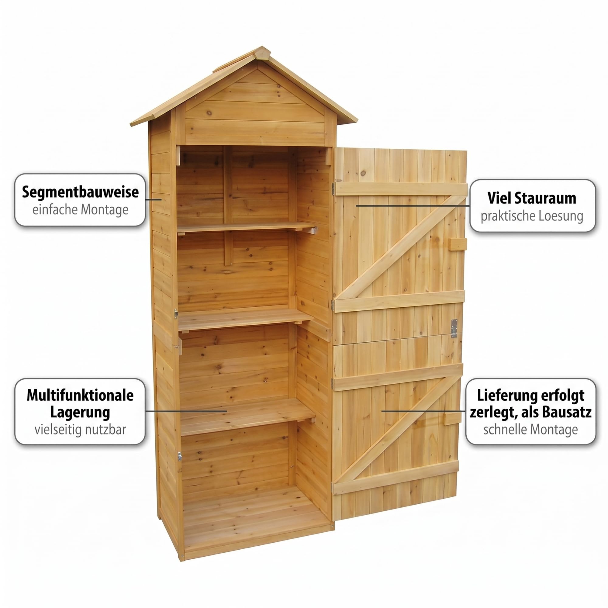 Mucola Gerätehaus mit 2 integrierten Regalböden 79x49x190 cm Geräteschuppen Gartenschrank aus Holz Geräteschrank Gartenhaus Gartengerätehaus