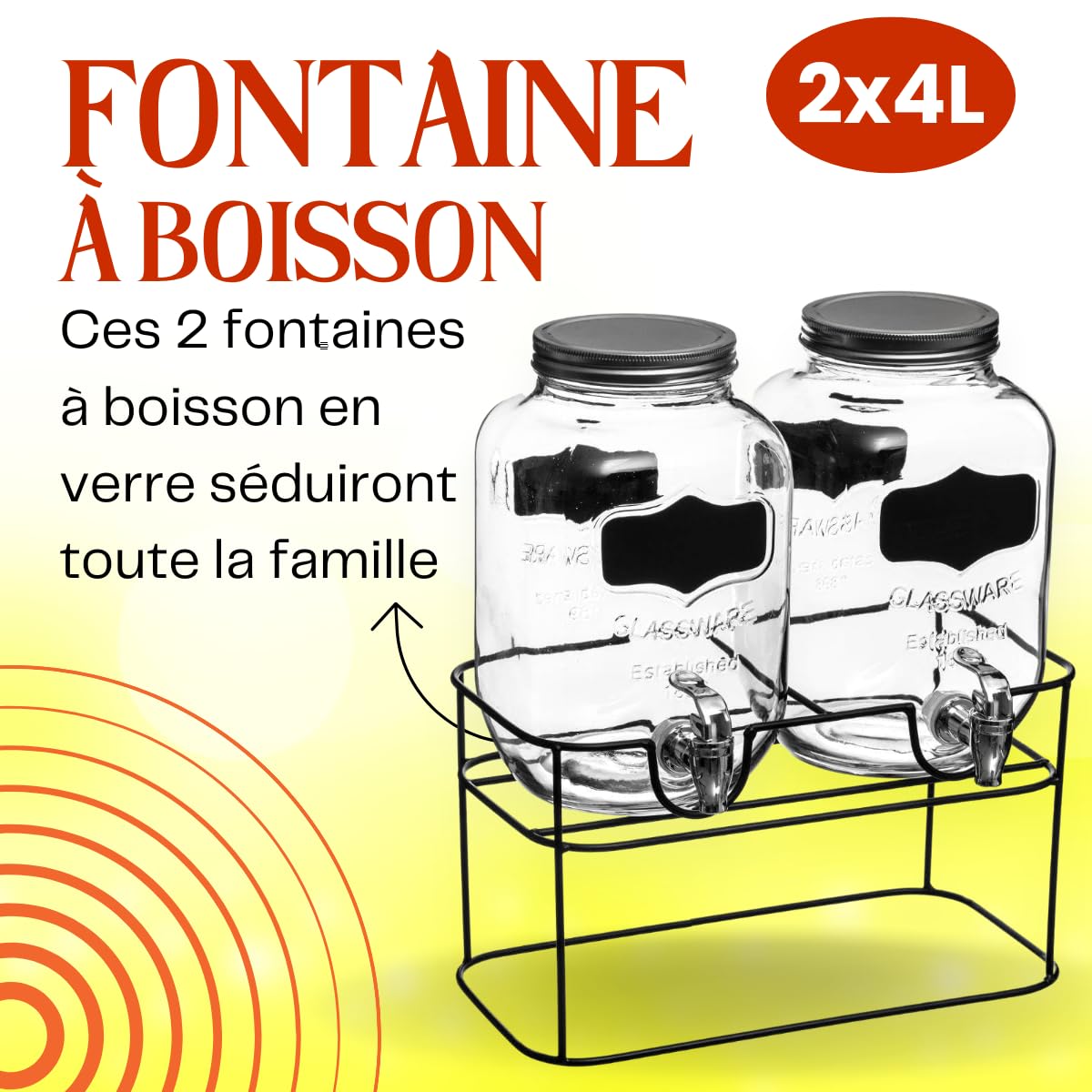 Distributeur Boisson Double avec Robinet 8 L (2x4L) - Fontaine à Eau et Cocktail - Bol à Punch - Jarre en Verre pour Limonades - Bonbonne - Bocal pour vos Fêtes et Anniversaires