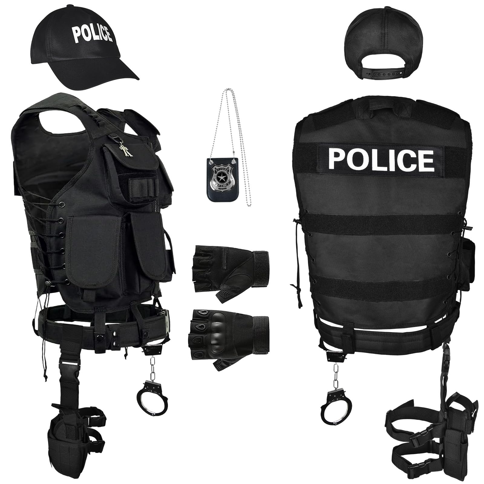 Ulikey Chaleco SWAT Adulto, Disfraz de Chaleco SWAT Policía Adulto, Guantes, Cinturón, Placa de Policía Disfraz de para Hombre Halloween Carnaval Fiesta de Disfraces Cosplay
