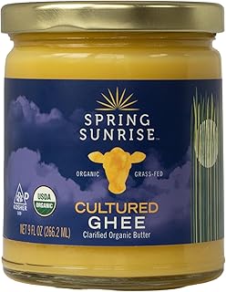 Spring Sunrise Grass Fed Organic Cultured Ghee - USDA Certified Clarified Butter - Keto & Paleo Friendly, Non-GMO, Gluten & Lactose Free Cooking Oil - Sustainably Sourced, 9 oz Jar