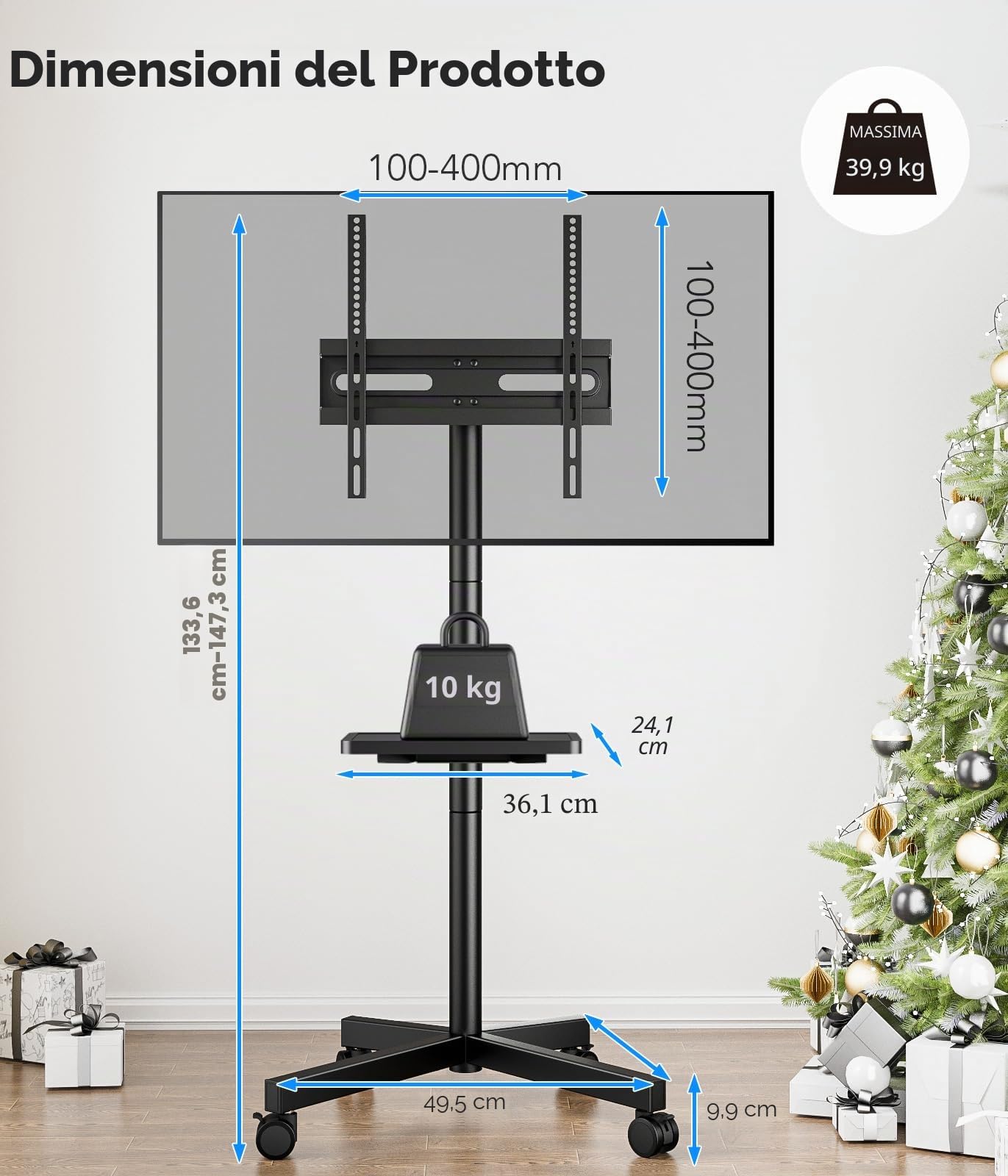 Supporto mobile TV per LCD LED da 23 a 60 pollici a schermo piatto/curvo, carrello porta TV con rotelle, supporta fino a 40 kg di peso, supporto TV portatile con ripiano girevole da pavimento
