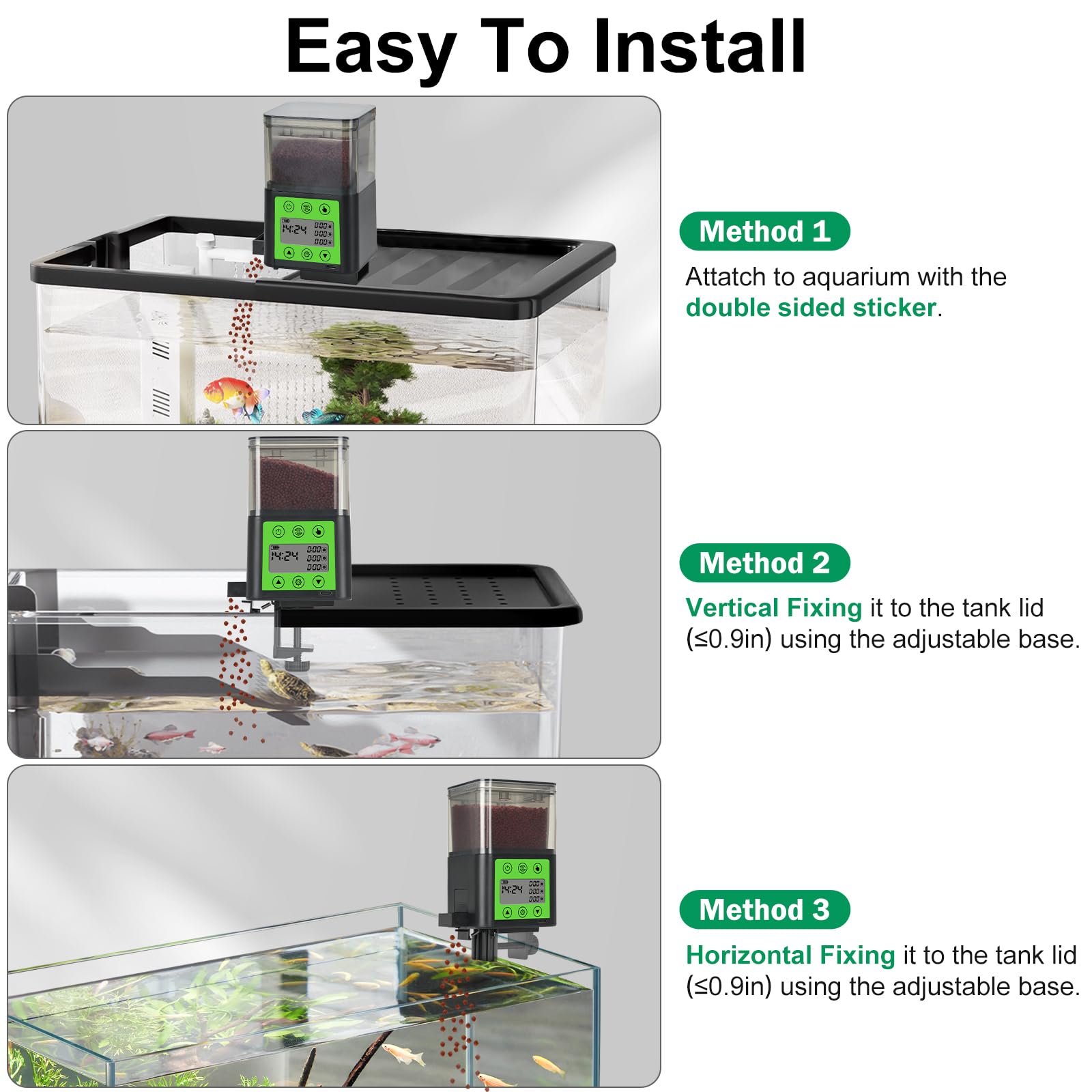 Lychee - Erogatore automatico di cibo per pesci ricaricabile USB 320 ml grande capacità con schermo LCD resistente all'umidità con timer elettrico