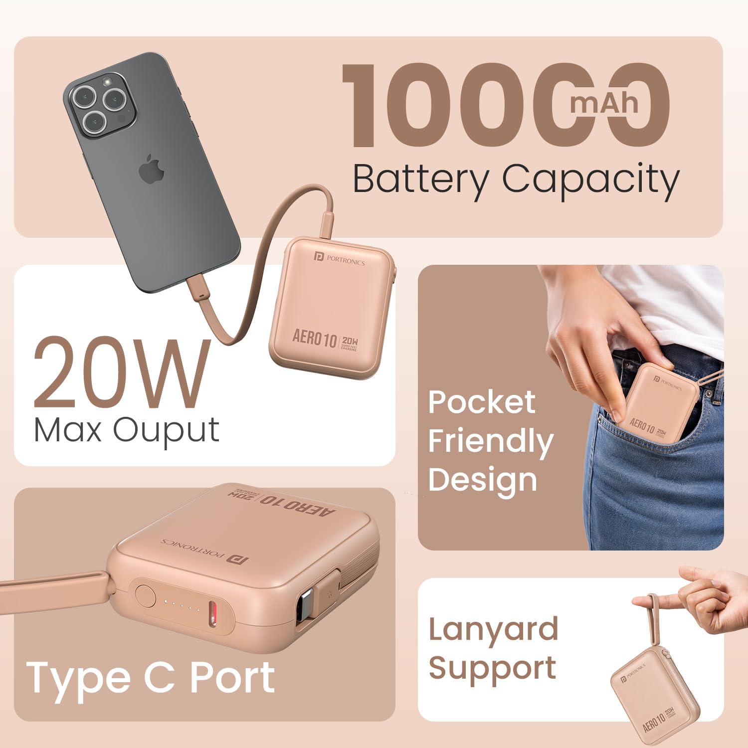 Portronics Aero 10 10000 mAh 20W Fast Charging Mini Power Bank with Detachable Type C Cable, Type C PD Input/Output Port, LED Indicator, Wake Up Button, Strong Lanyard, Light Weight (Mocha) — Amazon image 7