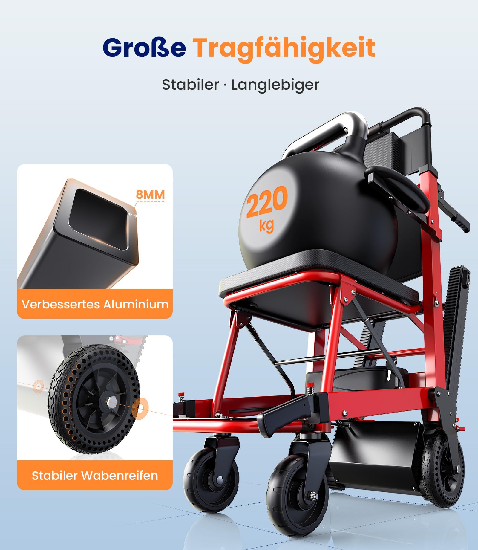 VOCIC AY04 Elektrischer Treppensteiger Rollstuhl bis 220KG mit Gummikette | Elektrische Treppenhilfe Rollstühle Faltbar, Treppenlift Medizinische Rettungstrage mit LED Licht für Senioren, Rot
