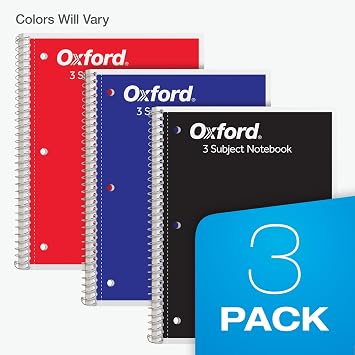 Oxford Spiral Notebooks, 3 Pack, 3 Subject, College Ruled Notebooks for School, 8 x 10.5 Inches, 120 Sheets, 2 Dividers, Assorted Colors, Back to School Supplies (65202)