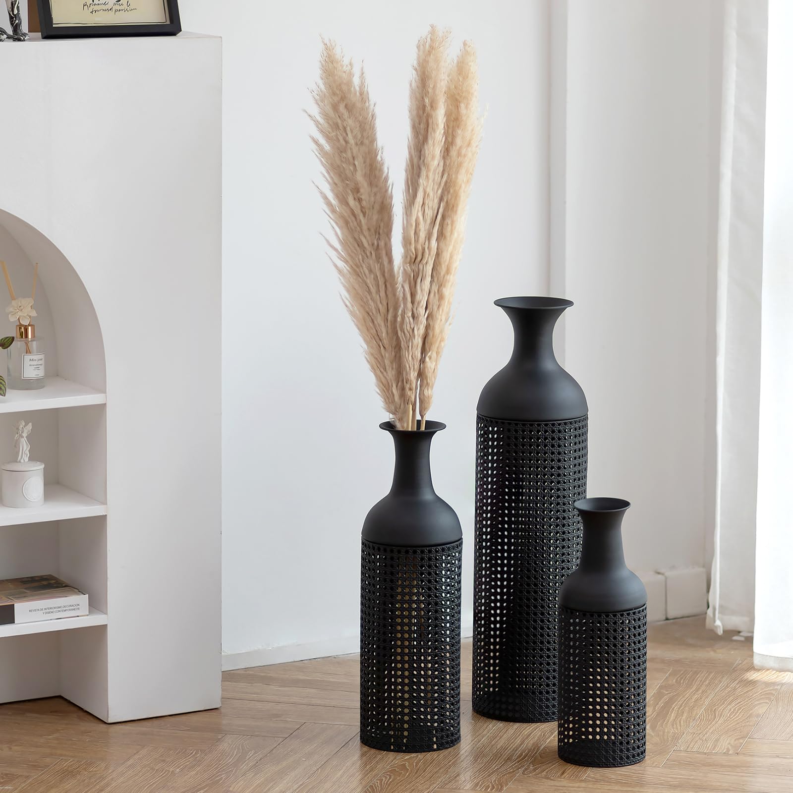 Sziqiqi Set di 3 vasi da pavimento moderni, in metallo, per soggiorno, camera da letto, cucina, 68/51/41 cm