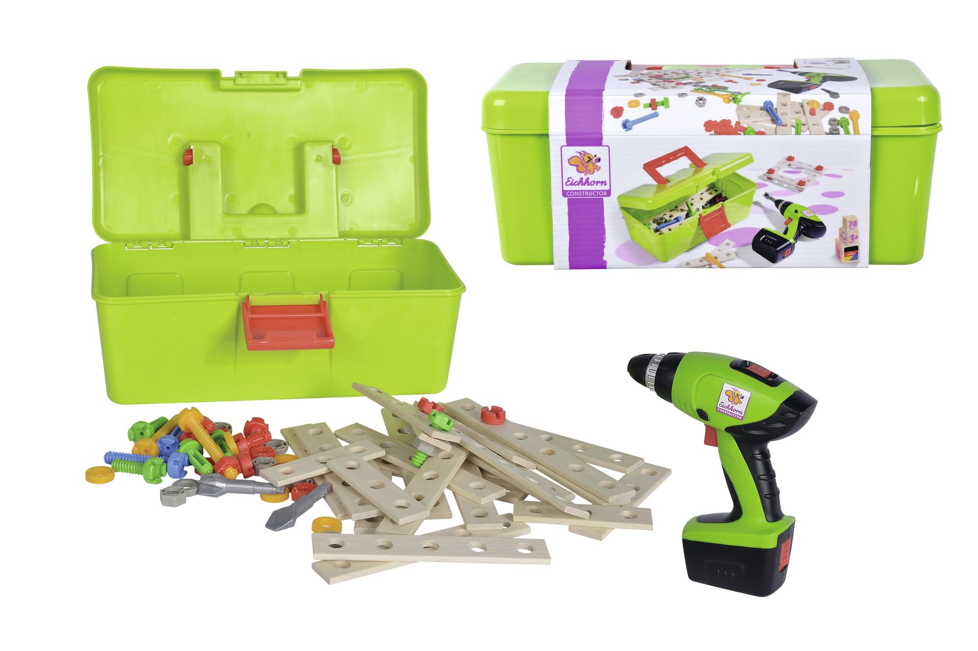 Eichhorn 100039079 Constructor Tool Box with Compact Screwdriver, Extension Parts, 70 Pieces, FSC 100% Certified Beech Wood, for Children from 3 Years