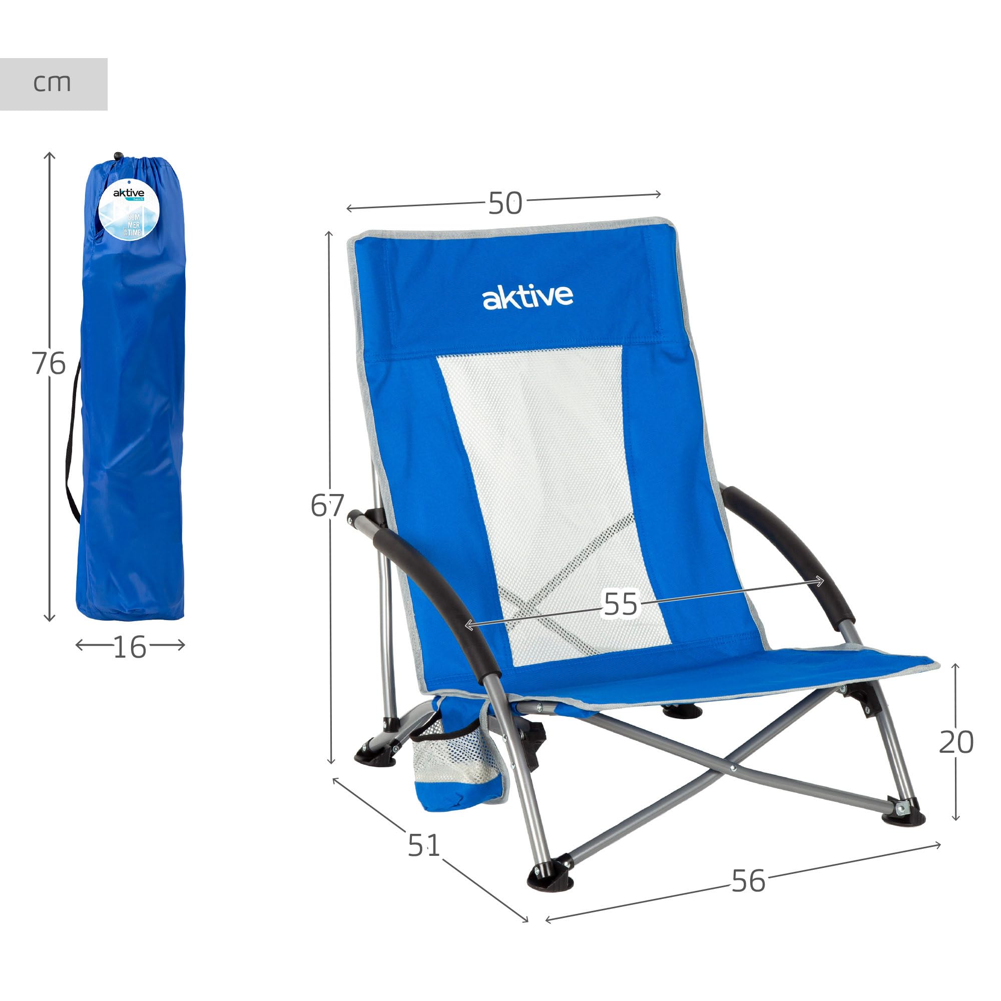 AKTIVE Pack de 4 chaises Pliantes de Plage, 50 x 51 x 67 cm, Structure en Acier, Tissu Polyester Respirant, Dessous de Verre latéral, Sac de Transport avec poignée bandoulière, légères et résistantes