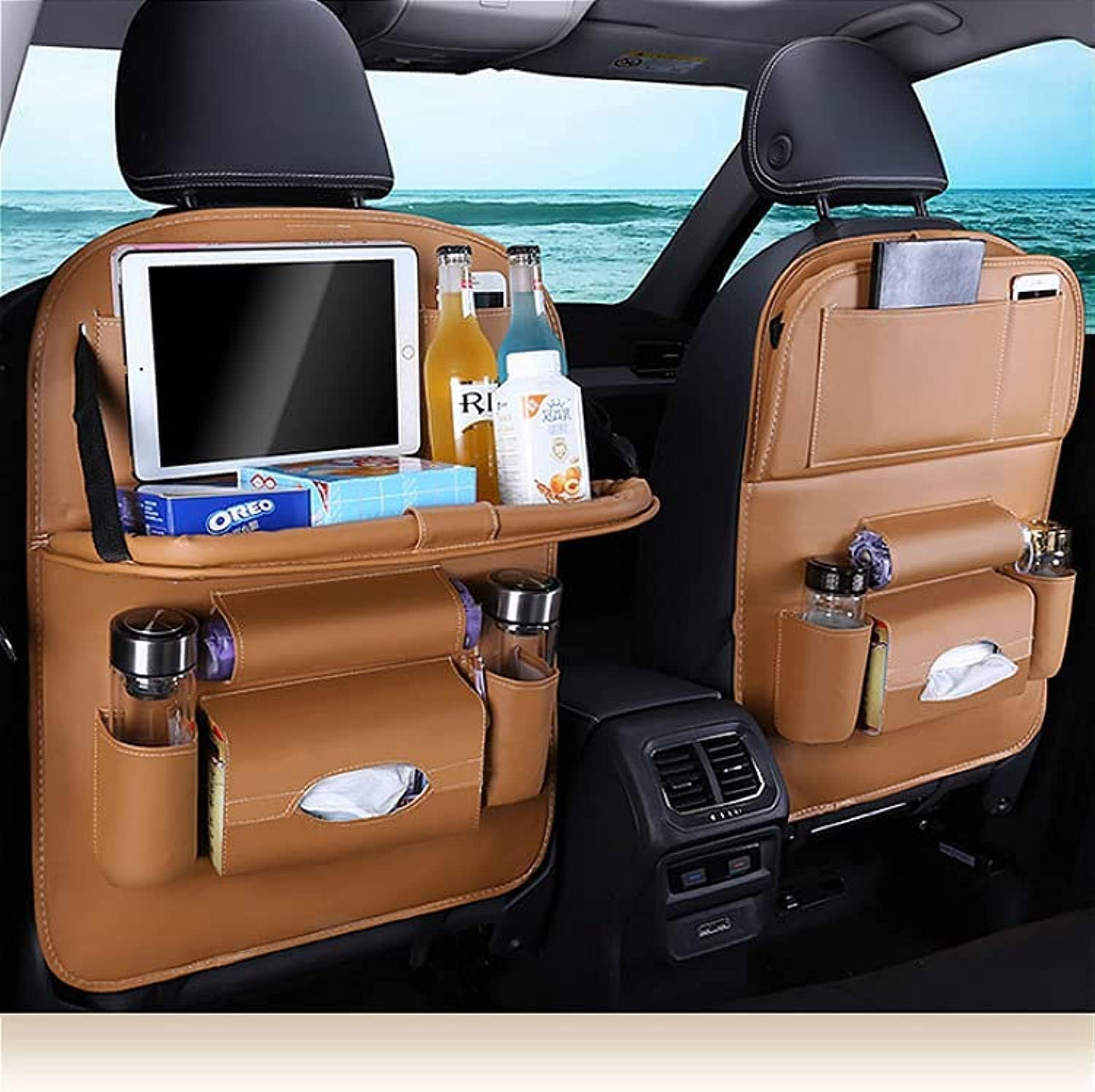 Orchid M Idesign PU Leather Car Back Seat Organizer with Tablet Holder (Brown)