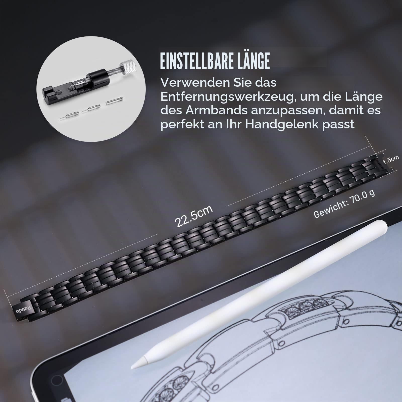 RainSo Edelstahl Magnetarmband Herren, Zweireihiges Magnetarmband mit 3800 Gauss Magneten, Verstellbar inkl. Anpassungswerkzeug und Schmuckbox (4 Elemente)