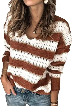 Angashion Women's Sweaters Casual Long Sleeve Crewneck Color Block Patchwork Pullover Knit Sweater Tops