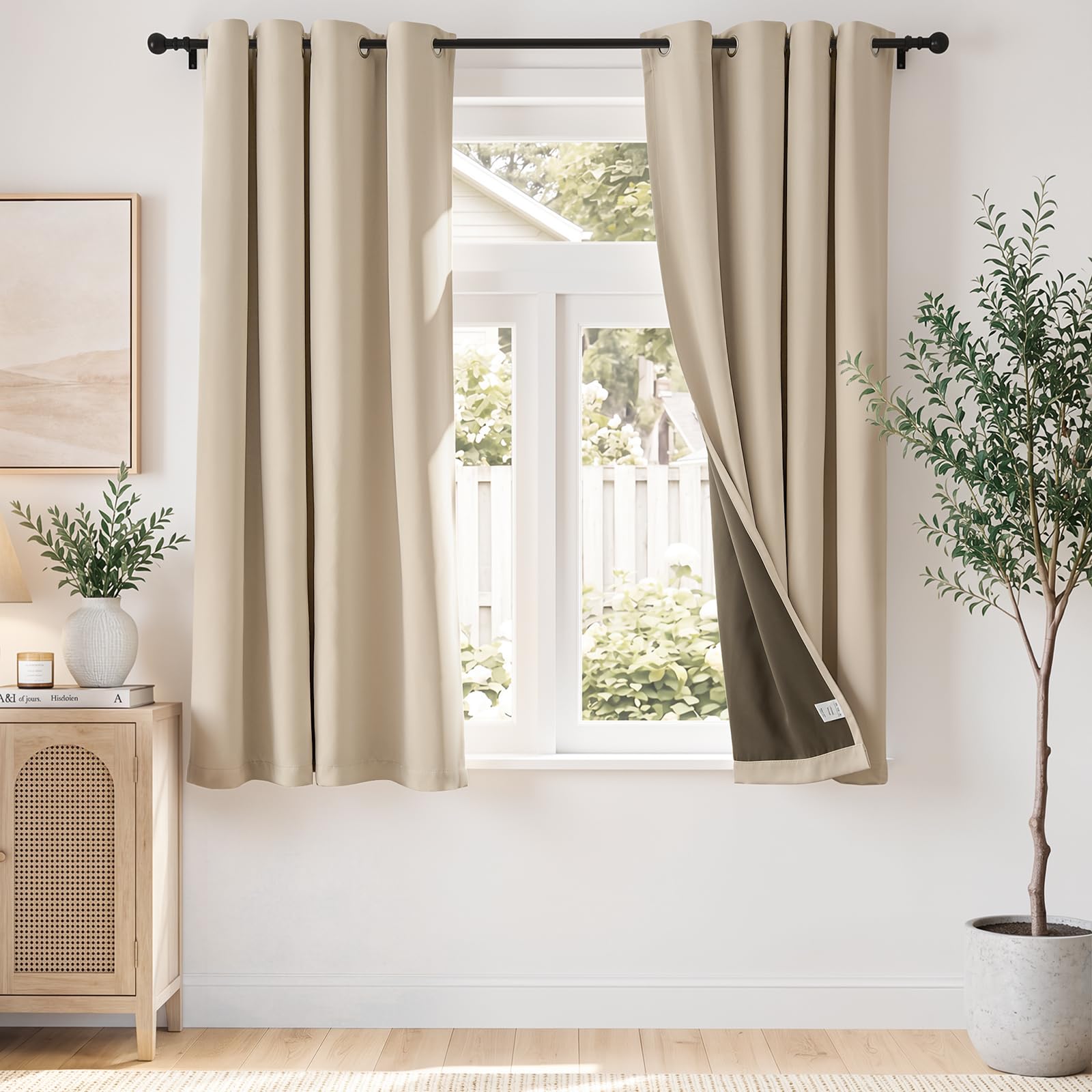 TOPICK 100% Verdunklungsvorhänge Gardinen mit Ösen Beige H145xB140 2er Set