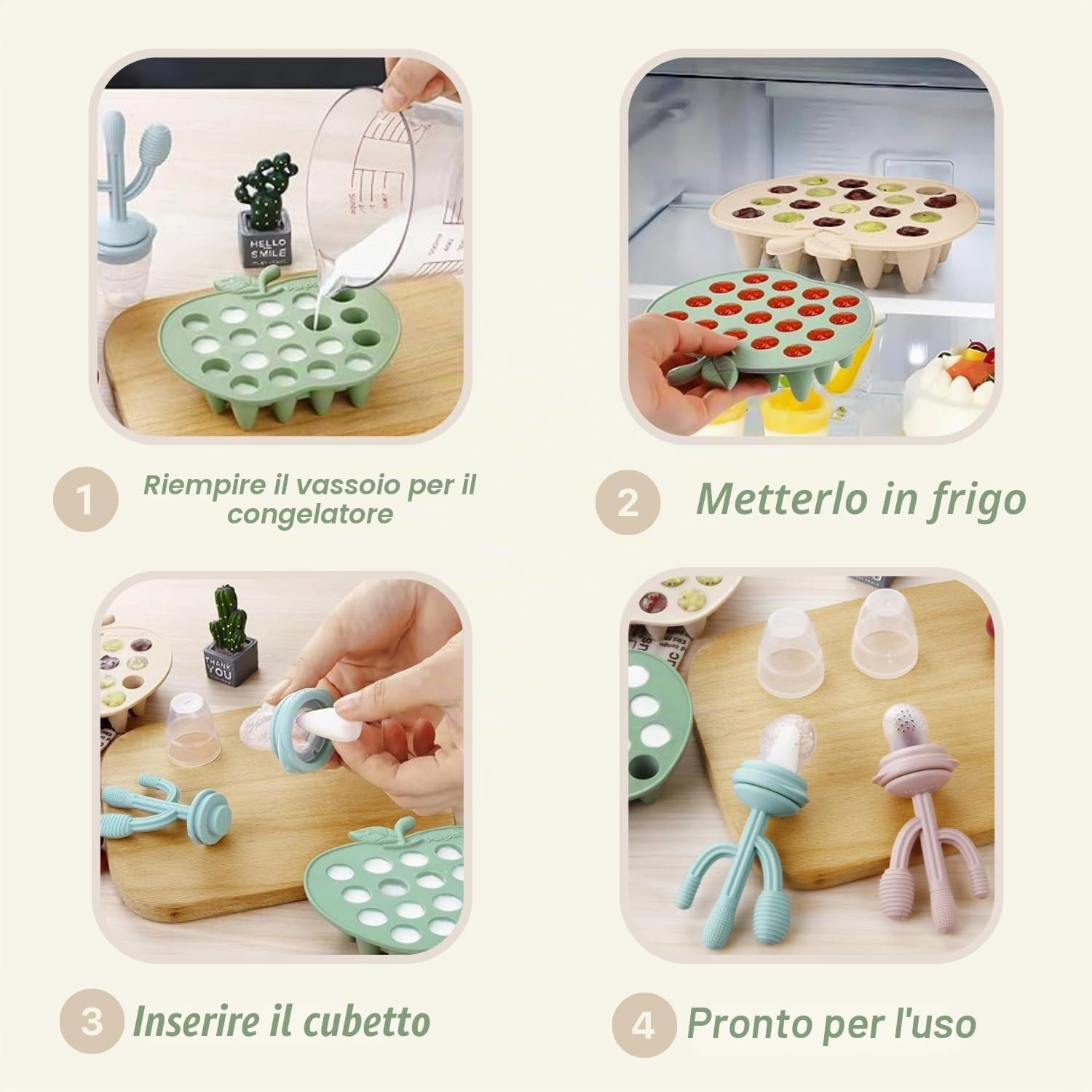 PandaEar Set di 2 Vaschette Congelatore per Alimenti per Bambini & Set di 3 Chupetti Alimentatori di Frutta per Bambini, Vassoio per Dentizione con Alimenti Fruttati per Bambini