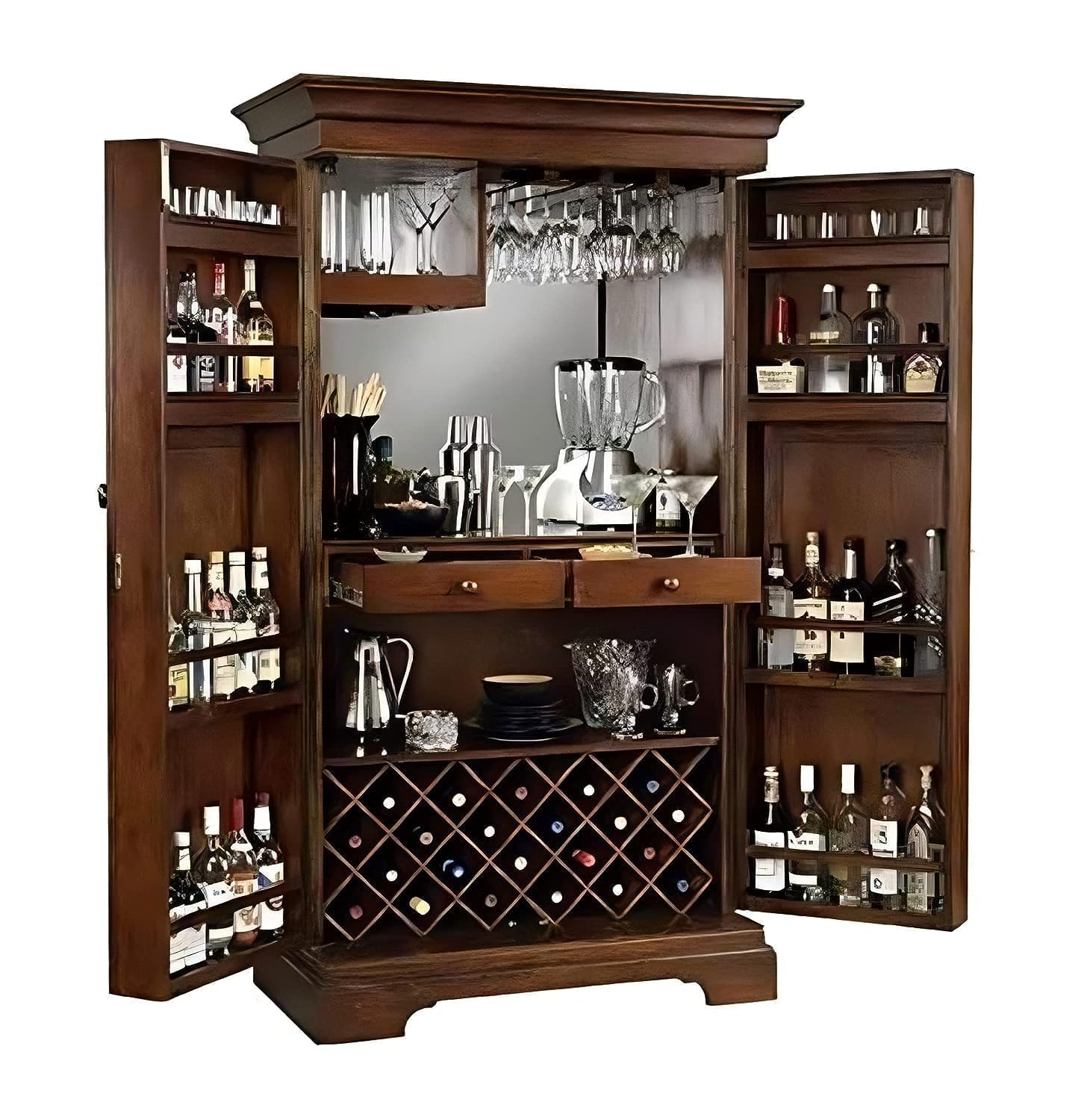 Sheesham Wood Bar Cabinet | Big Wooden Bar Unit with Wine & Whiskey Rack, Glass Holder and Storage Drawers | Brown Finish | Pre-Assembled-image-12
