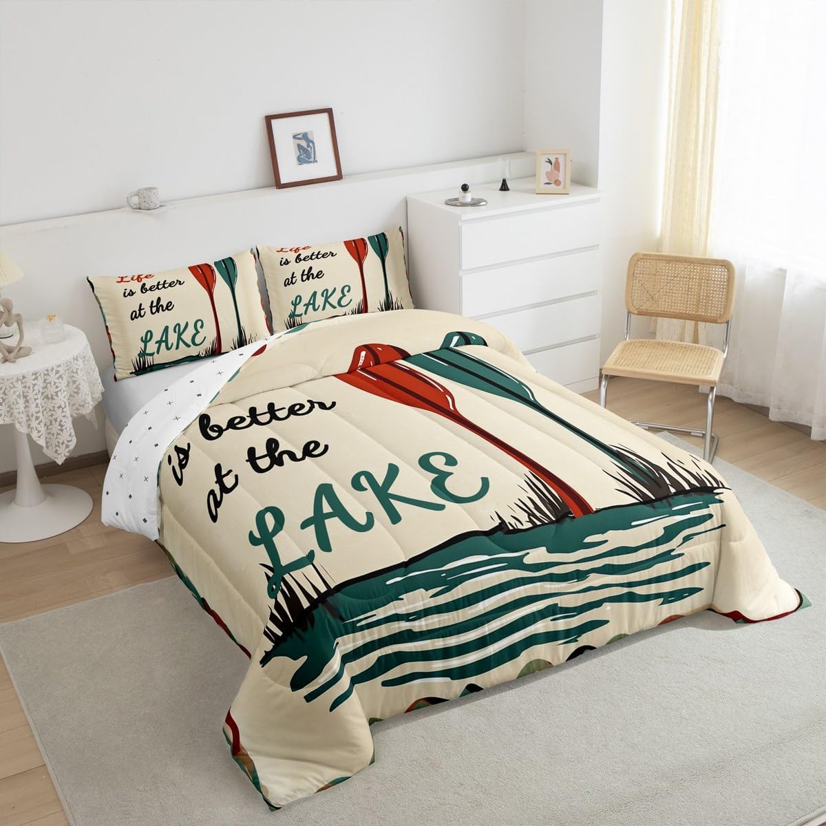 Erosebridal Lake Bedding Set Rustic Farmhouse Comforter Set Toddler for Teens Boys Girls,Wild Lake House Quilt Set,Kids Blue River Print Duvert Insert,Toddler