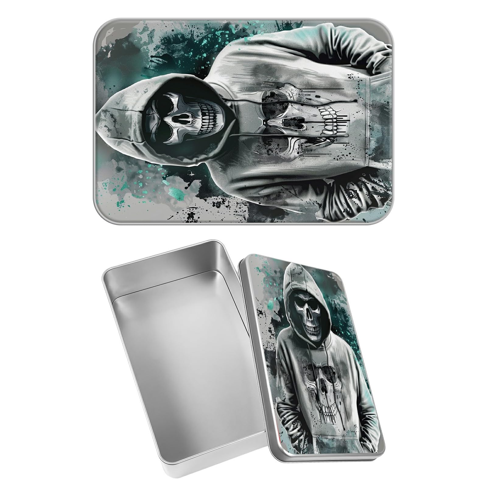 Rectangular Metal Tin Box with Removable Lid, Skull Human Decorative Printed Metal Storage Container for Sweets Jewelry Tea Candies Cakes 7 x 4.33 x 2.17 inch– Single Pack