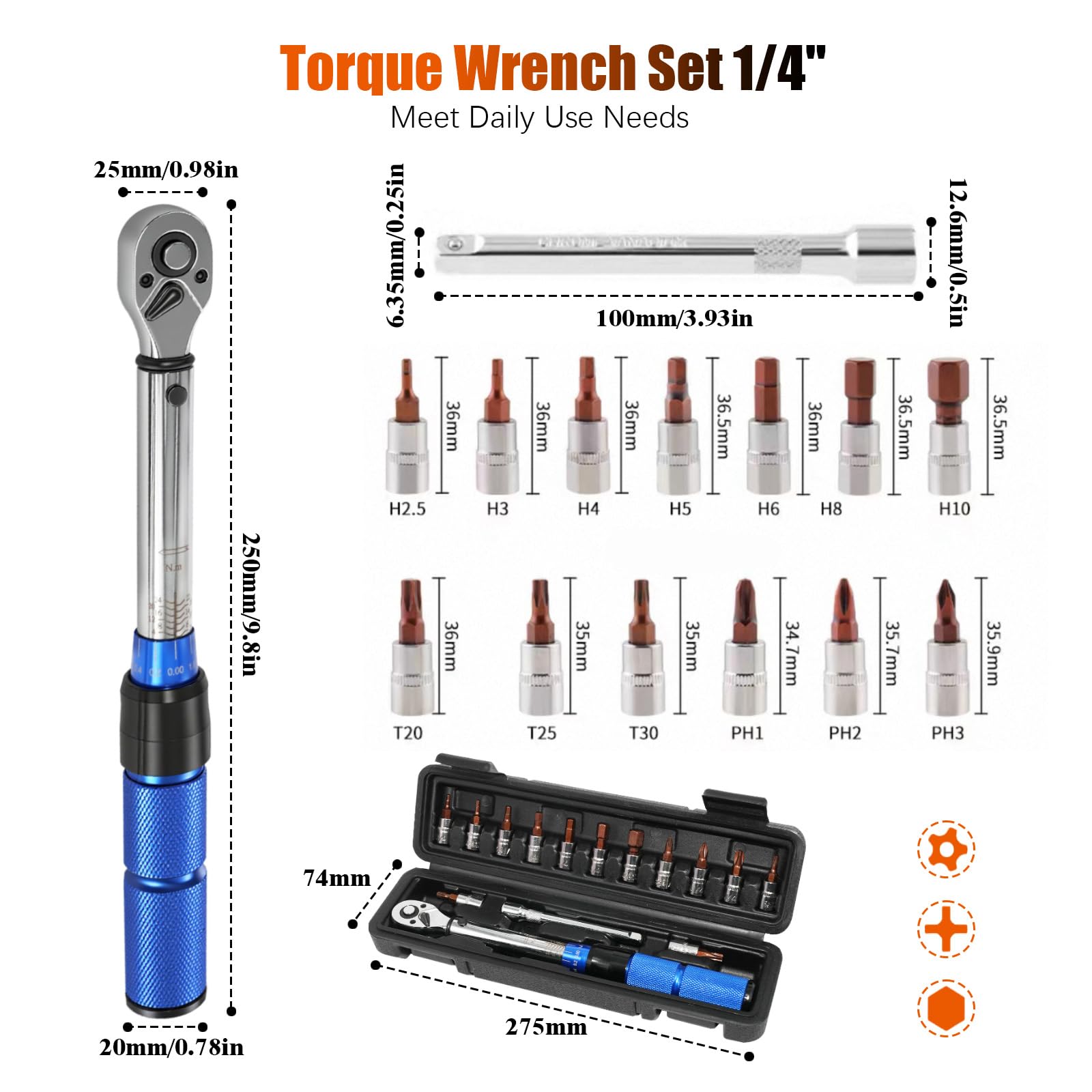 Clé Dynamométrique 1/4'', 2-24Nm, Précision ±3% avec 72 Dents, Clef Dynamometrique Réversible, Clés Dynamométriques avec Barre D'extension 100mm, Kit D'entretien pour Vélo, Moto et Voiture