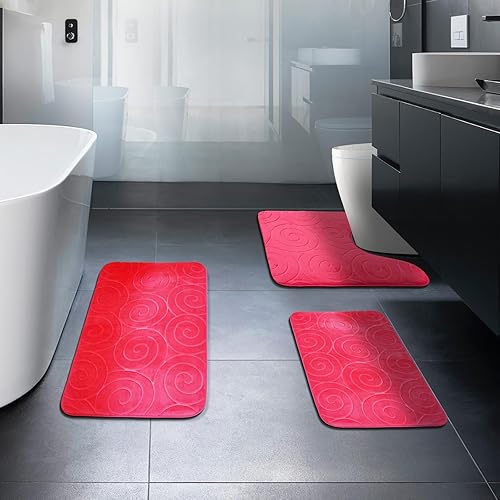 Juego de 3 alfombras de baño de espuma viscoelástica color rosa intenso con parte trasera de goma, antideslizantes, lavables, incluye alfombras de