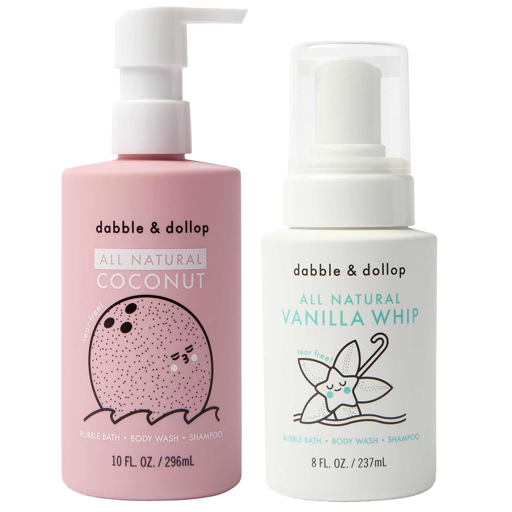 Dabble & Dollop Coconut + Vanilla Body Wash & Shampoo – 3-in-1 Natural Bubble Bath for Kids, No Parabens or Sulfates, Vegan, Gluten-Free, Tear-Free (2-Pack)