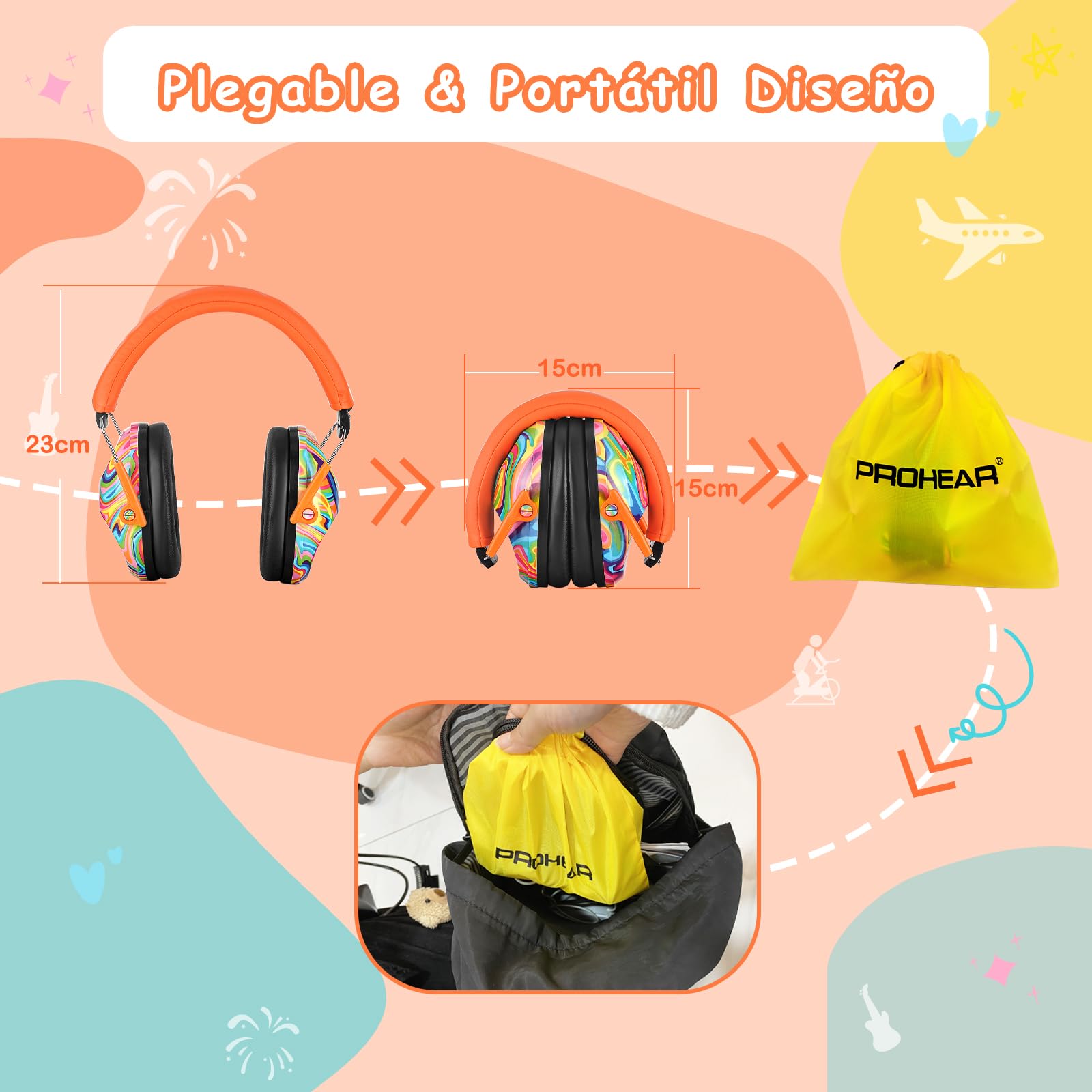 PROHEAR 032 Cascos Antiruido Niños,Protección auditiva pasiva para niños que tienen problemas sensoriales, orejeras de seguridad ajustables, ideales para conciertos y estudiar,SNR 28 dB