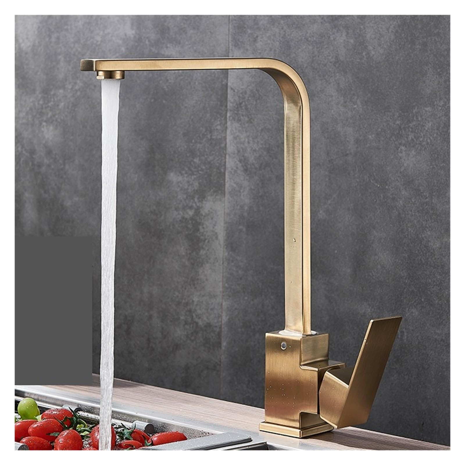 Grifo mezclador cuadrado giratorio a 360 grados dorado cepillado para fregadero