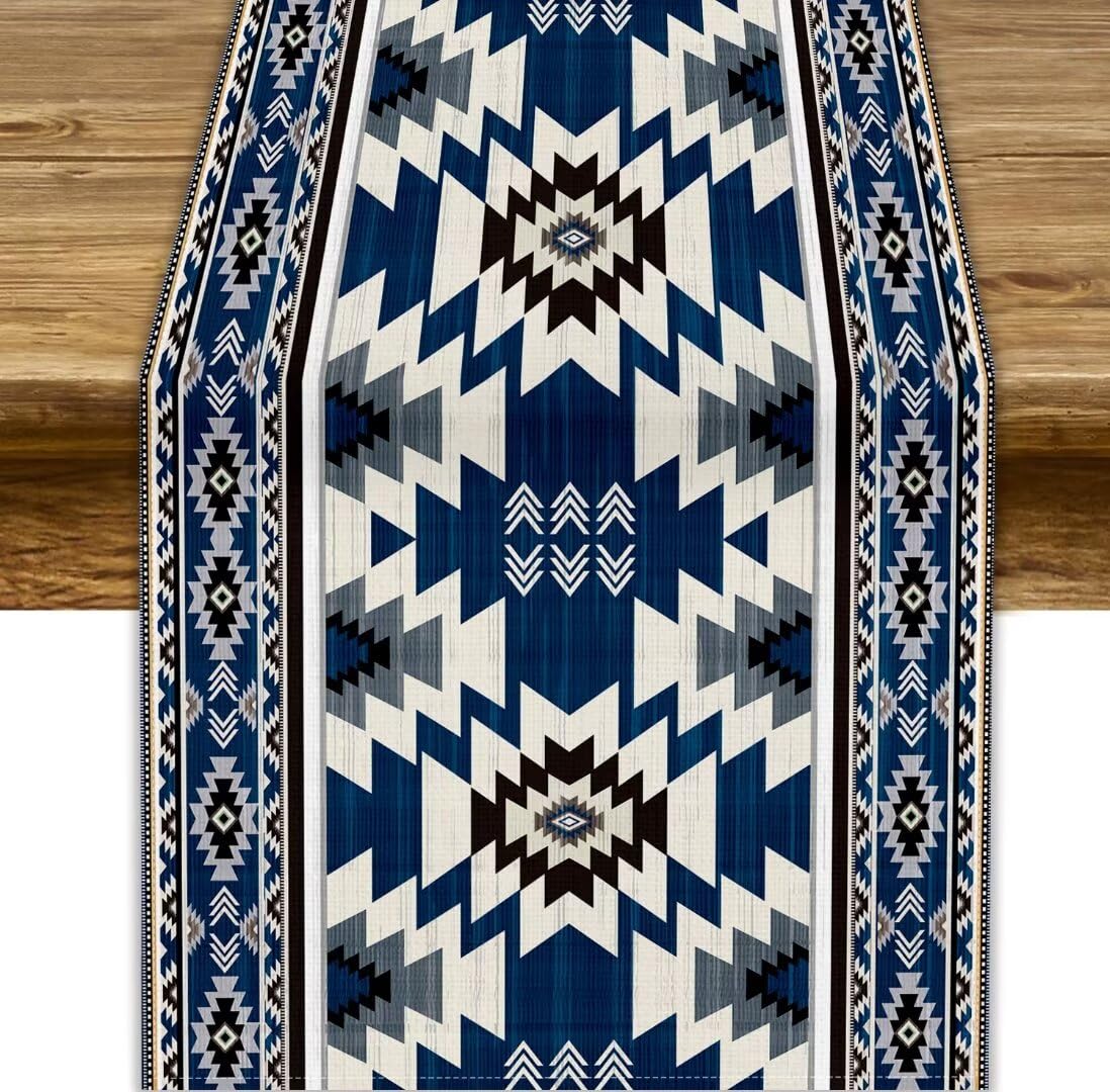 Blue Tribal Table Runner, Navajo Native American Navy Blue White Aztec Ethnic Geometric Print Table Runner for Spring Holiday Decor, 13x70inch
