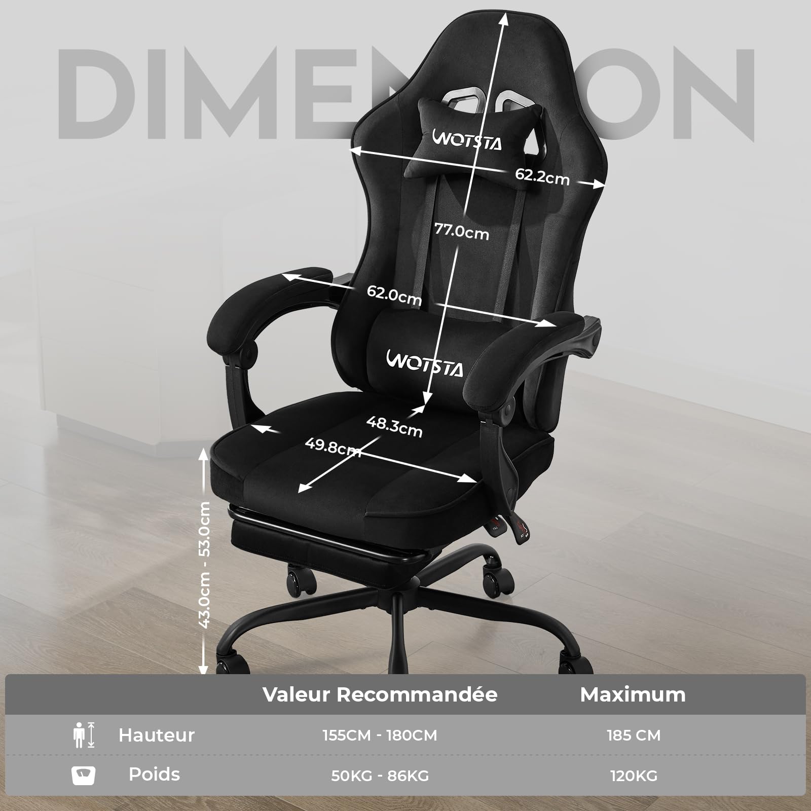 Massage Chaise Gaming Tissu avec Coussin en éponge Haute densité, Siege Gamer avec Repose-Pieds, Fauteuil Gamer pour Adultes Kids,Chaises de Bureau Capacité de Charge 120 kg