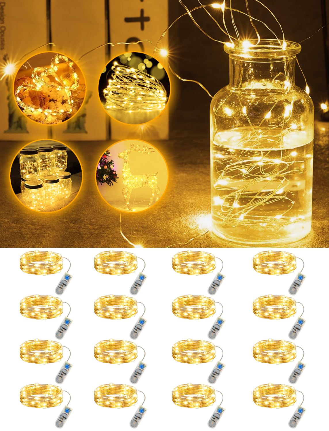 Bzavor 16 pezzi catena luminosa a batteria timer 2 m 20 catena luminosa con timer, IP44, catena luminosa natalizia con batteria, filo di rame, catena luminosa interna per Natale, decorazione interna