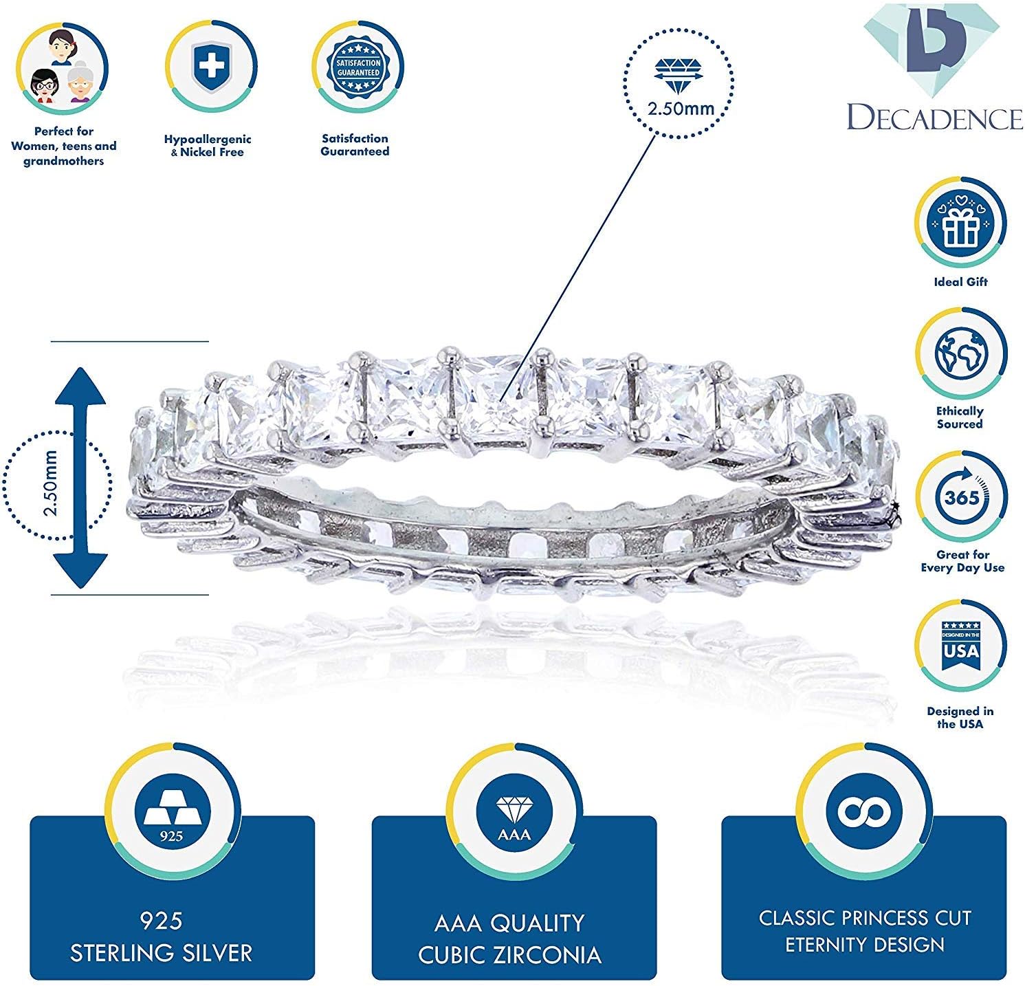 Decadence Women's Sterling Silver Rhodium 2.50mm Princess Cut Eternity Band, 6