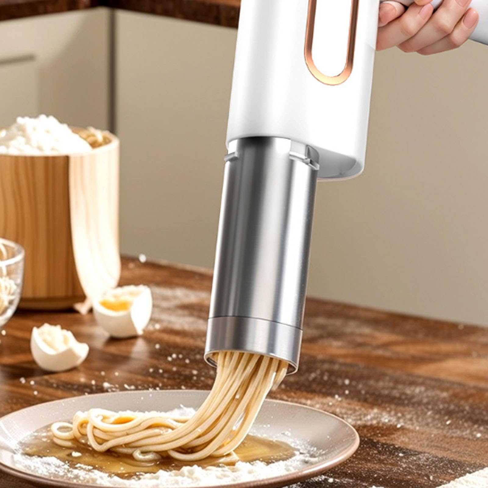 Jiawu Máquina para Hacer Pasta Eléctrica de Mano, 5 Boquillas Intercambiables, Operación Automática, Máquina para Hacer Pasta Inalámbrica, de Fideos Portátil con Espesor Ajustable para el Hogar,