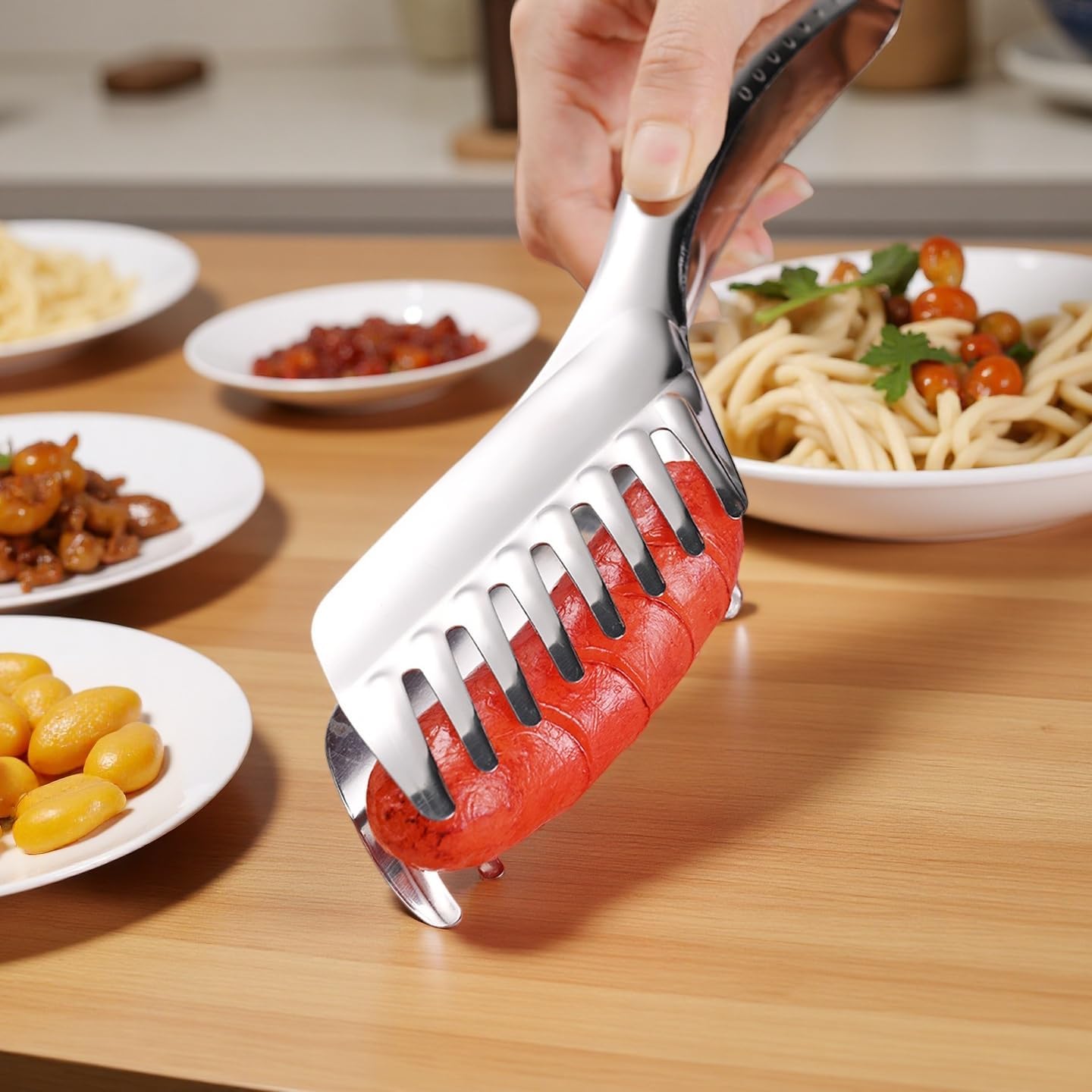 HeCotia Pasta Tong, Stainless Steel Spaghetti Tong with Fluted Handles Kitchen Serving Clip, Comfortable and Easy to Grip for BBQ Kitchen Cooking Baking Tool Silver