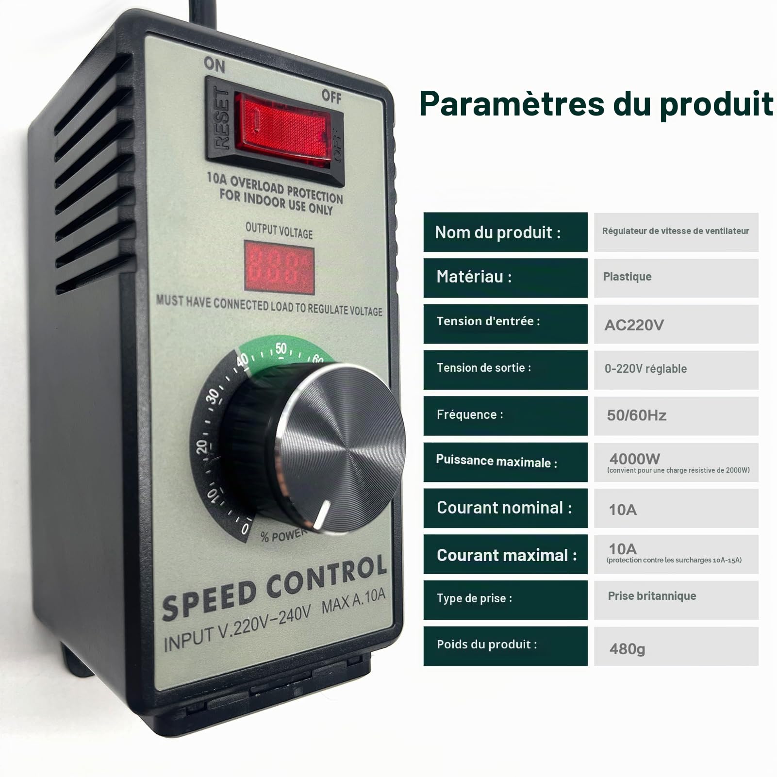 Variateur de Lumiere LED,Prise Variateur,230V Variateur RéGulateur De Tension éLectronique Pour Moteurs éLectriques avec Protection Contre La Surcharge 220V-240V AC