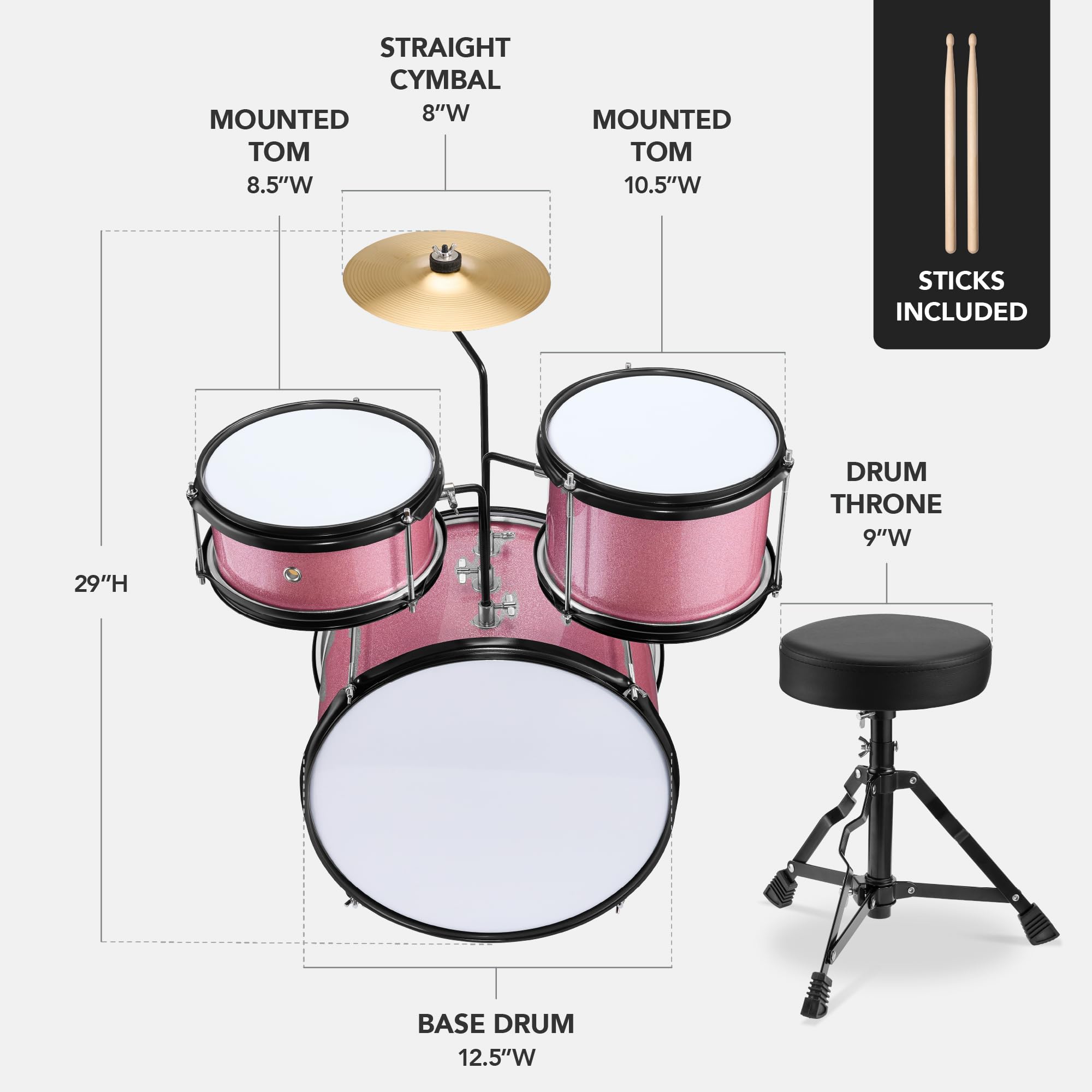 Best Choice Products Kids Drum Set 3-Piece Beginner Drum Set Junior Drum Set, w/Throne Stool, Cymbal, Drum Sticks, Bass Drum Pedal, 2 Toms - Pink Sparkle