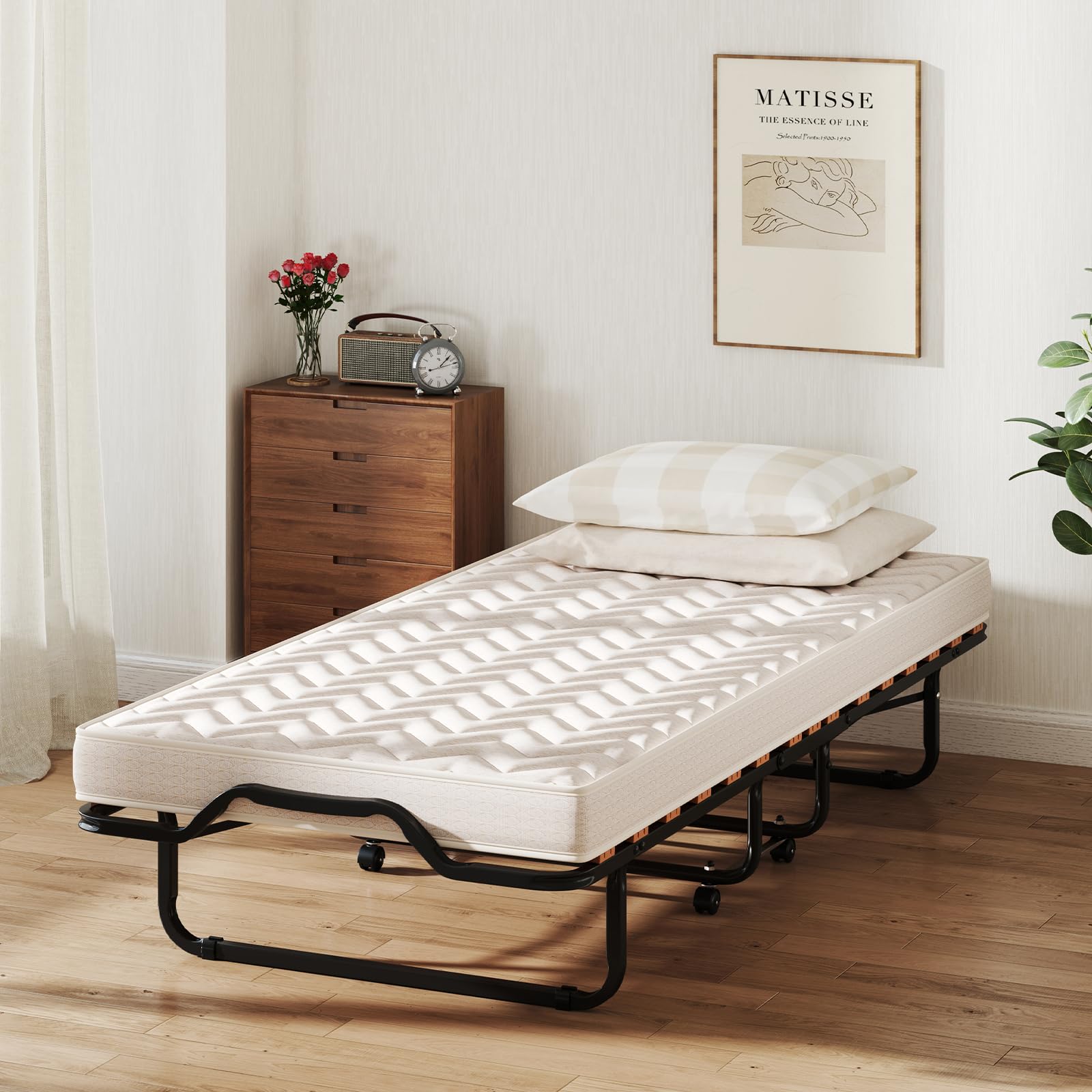 COSTWAY Cama Plegable con Colchón en Memory Foam 80 X 200 cm, Cama Supletoria Plegable con Ruedas para Casa, Acolchado Ondulado con Doble Relleno de Fibra, Ahorra Espacio, (Beige 2)
