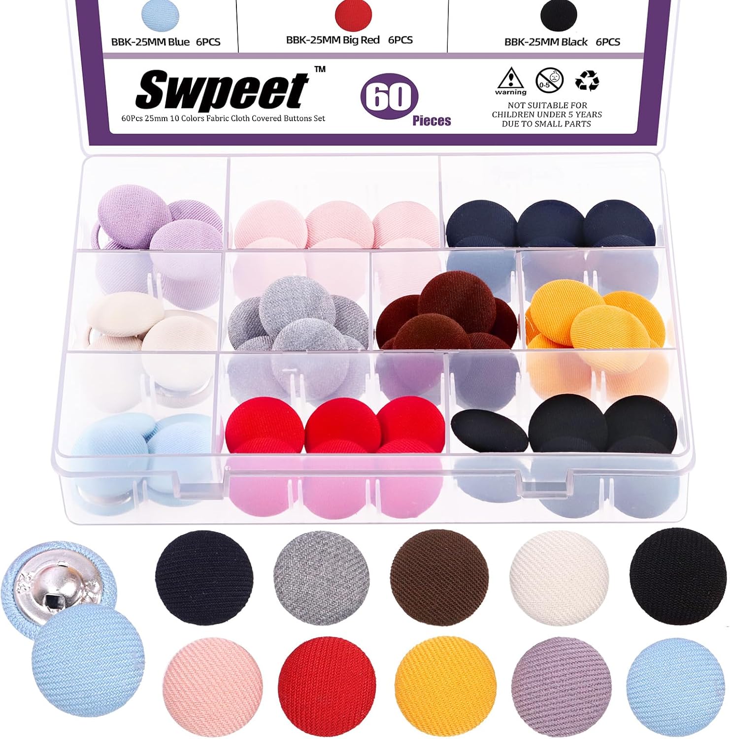 Swpeet 60Pcs 10 Colors 25mm Fabric Cloth Covered with Metal Shank Round Buttons Assortment Kit, Perfect for Bridal Wedding Dress Satin Blouse Prom Dress & Formal Dress