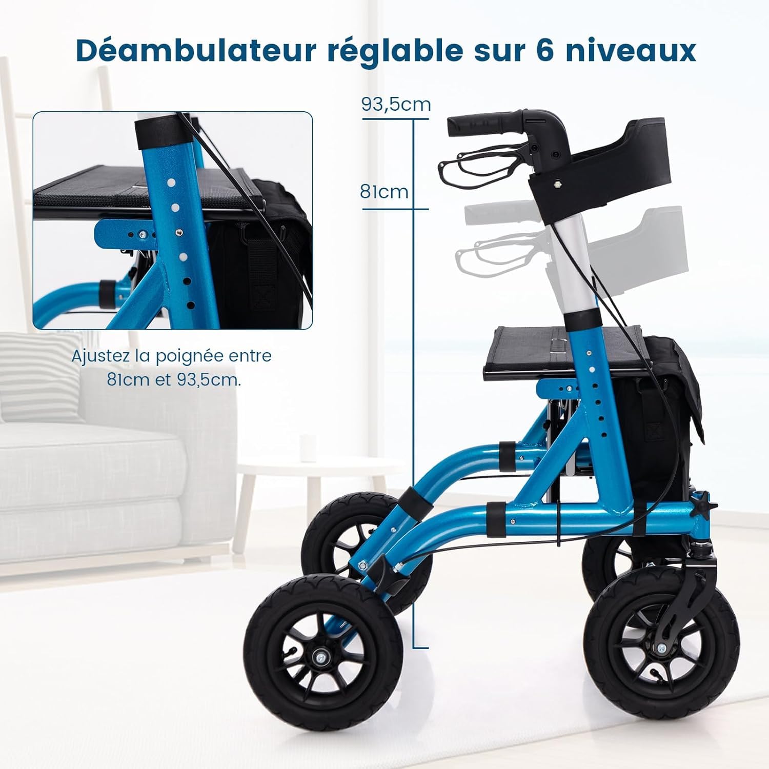 RELAX4LIFE Andador 4 Ruedas Plegable Ligero Aluminio, Rollator con Ruedas Todoterreno, Altura Ajustable 81-94 CM, Asiento, Bolsa, Soporte para Caminar para Edad Discapacitados