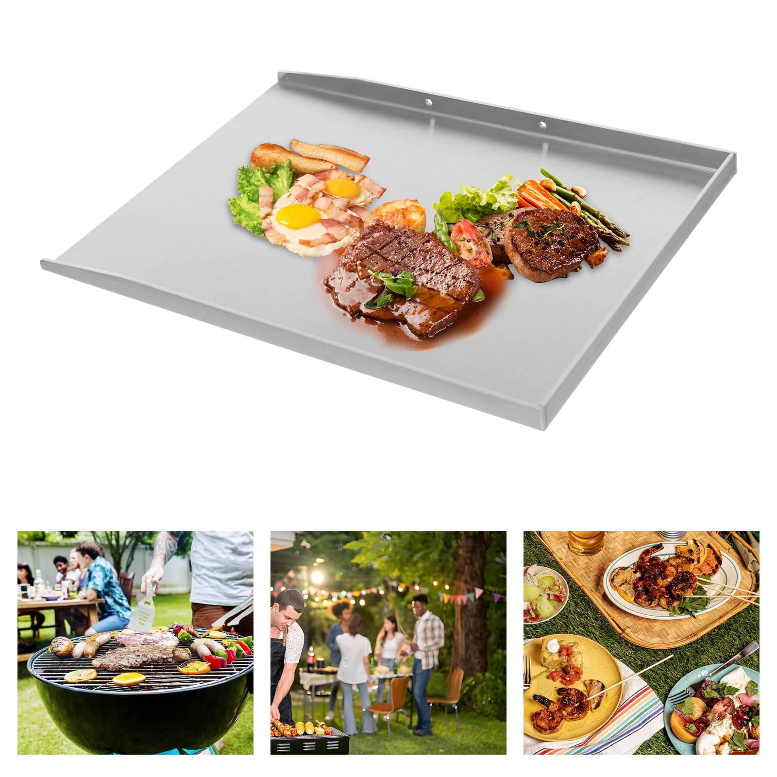 Plancha de acero inoxidable para barbacoa, camping, pícnic, con 2 asas, apta para lavavajillas, inoxidable, para carne, pescado y verduras (plata, 48 x 34 cm)