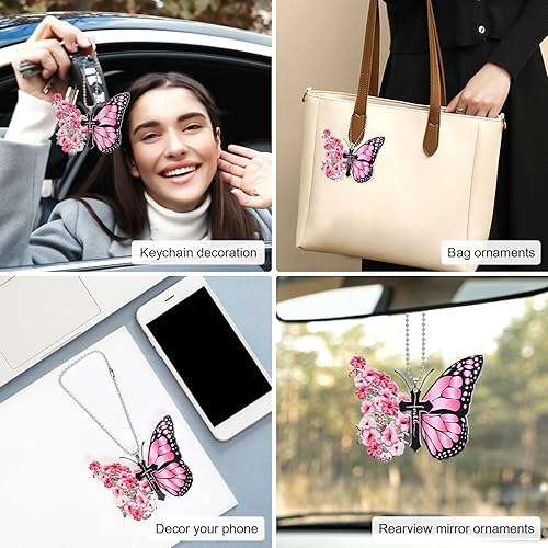 Miniatura 5 de Dijes para coche, diseño de mariposa rosada, cruz de Jesús, accesorios para colgar en el espejo del automóvil, accesorios para colgar en el coche,