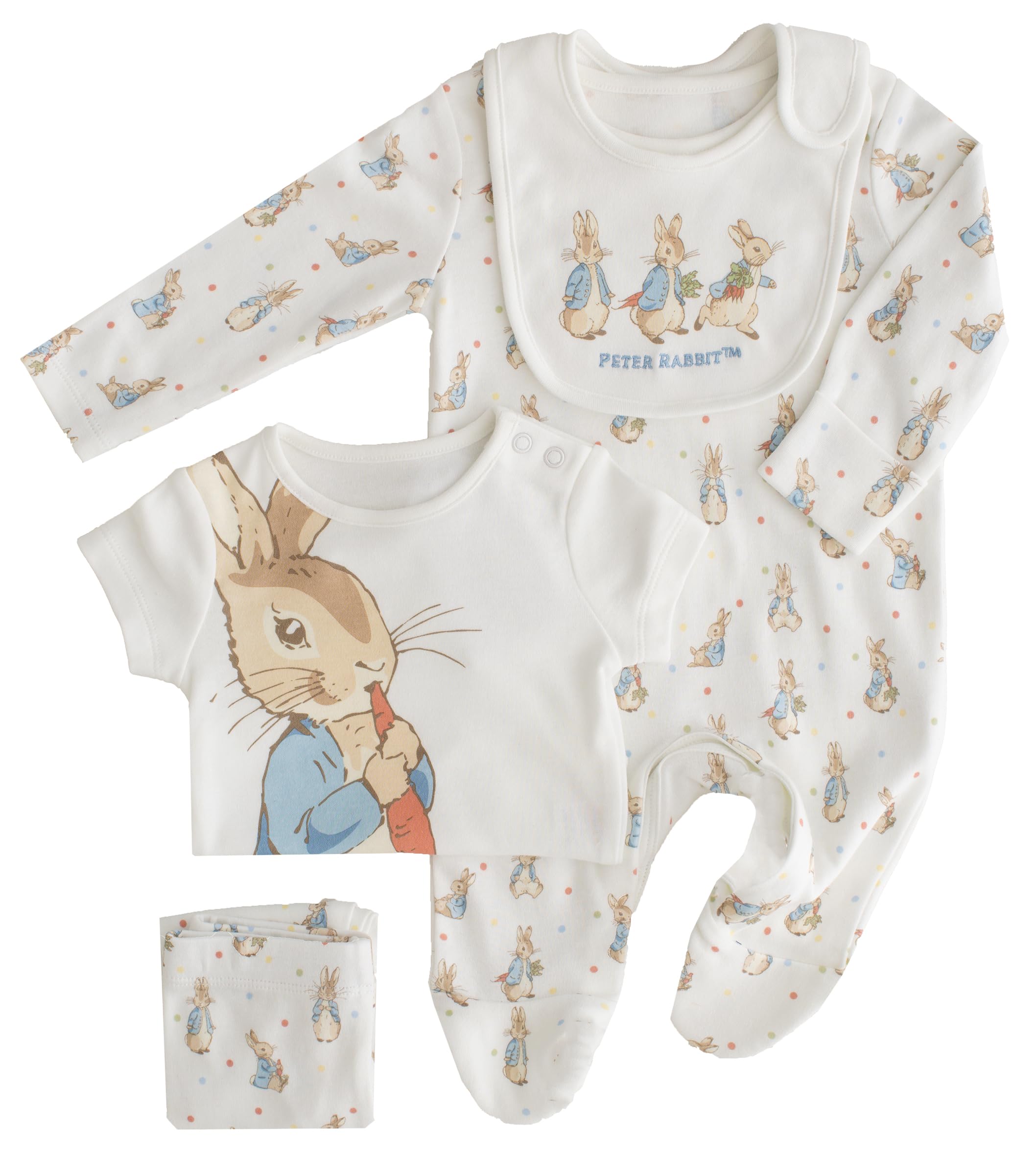 Peter Rabbit Baby Girl Boy 4 Piece Outfit Sleepsuit Bodysuit Bottoms Bib