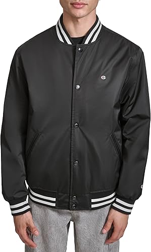 Champion Men's Logo Striped-Trim Varsity Jacket, Black, Large