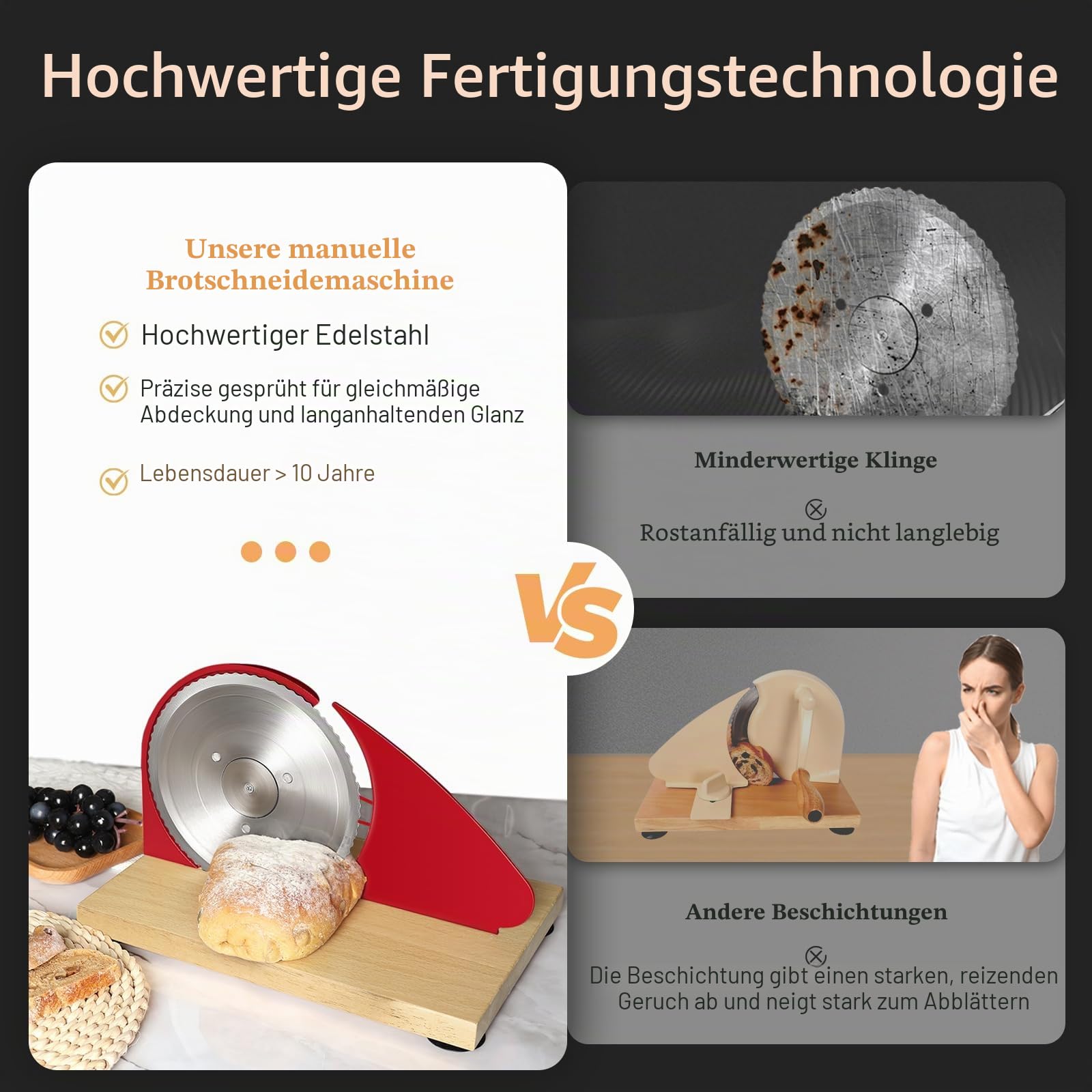 【Verbessert】Manueller Brotschneider für hausgemachtes Sauerteigbrot, Metallführung und verstellbare Dicke, Handkurbel-Brotschneider mit Skalenlinie und Saugnapf, scharfe Klinge, geeignet für