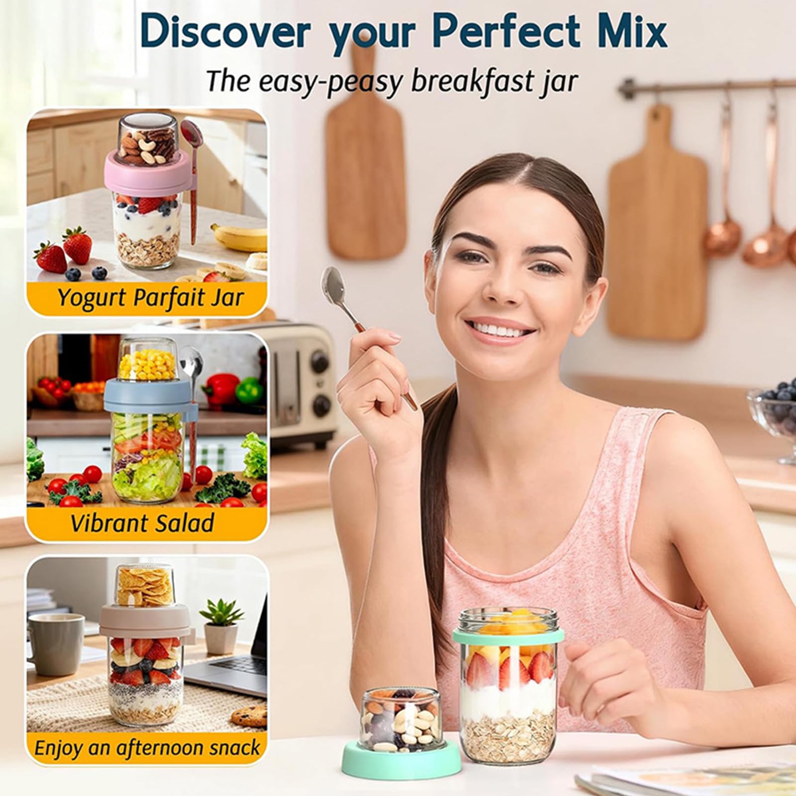 Set di barattoli di vetro con design a compartimenti con cucchiaio e coperchio per bevande calde e fredde, ciotole per colazione, yogurt, parfaits Cup