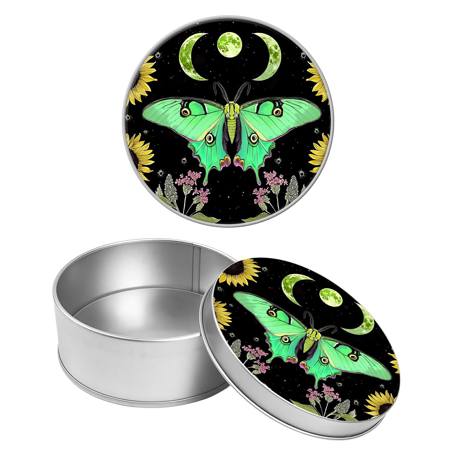 Round Metal Tin Container with Removable Lid, Green Butterfly Moon Durable Metal Storage Box for Crafts Snacks Candies Office Supplies Small Items 3.54 x 1.38 inch– Single Pack