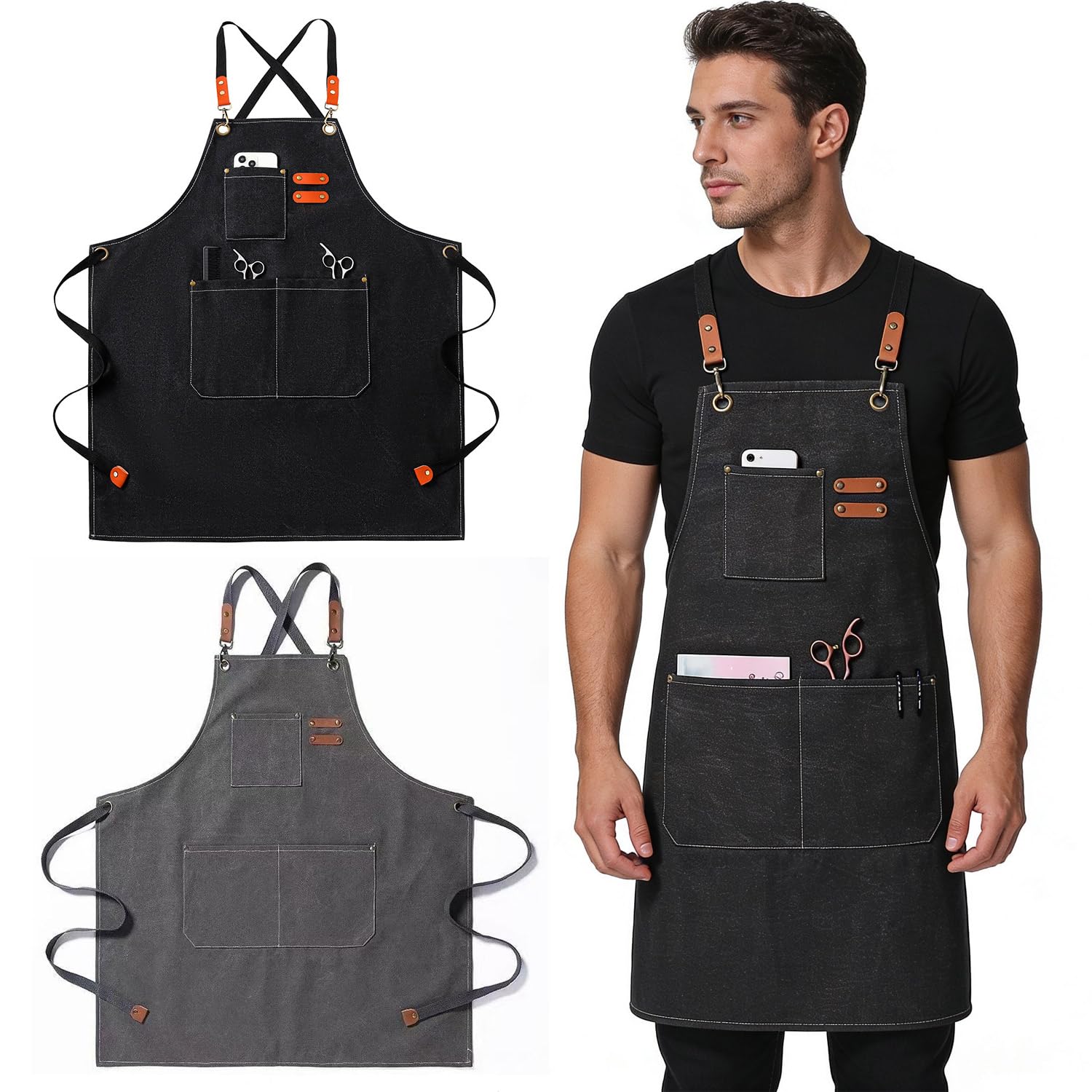 Kitchen apron 16oz canvas with cross-back, waterproof and oil-proof, heavy-duty gardening apron with multiple pockets