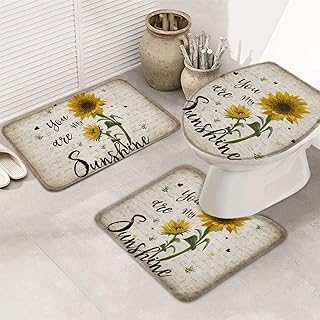 Sunflower Bathroom Rug Set 3 Piece Toilet Seat Cover and Rug Set Your Are My Sunshine Bee Rustic Letter Background Print Contour Rug, Pedestal Mat and Toilet Lid Cover,Non-slip Bathroom Floor Mat S