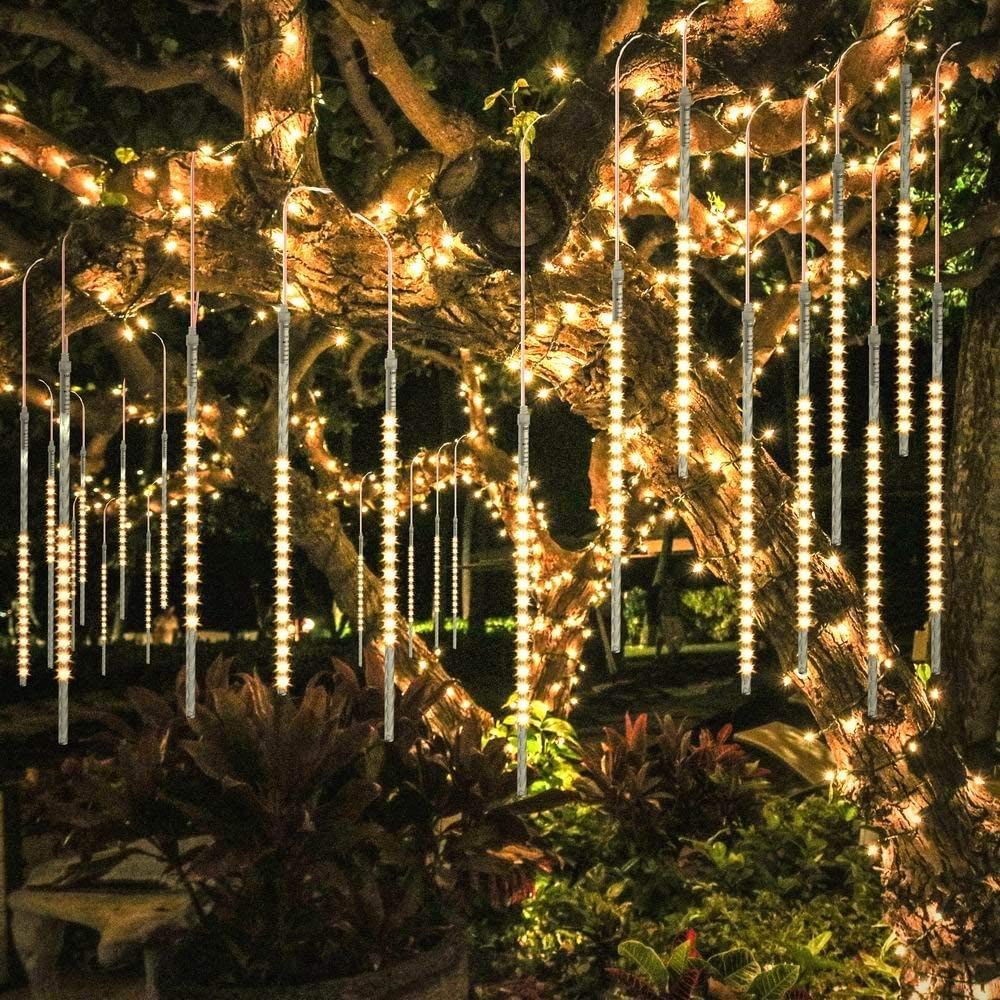 Redare Meteor Shower Rain Lights,50cm 8 Tubes 288 LEDs Falling Rain Lights Waterproof,Cascading Rain Light,Icicle Snowfall String Lights for Garden Wedding Holiday Party Tree Decoration (Warm White)