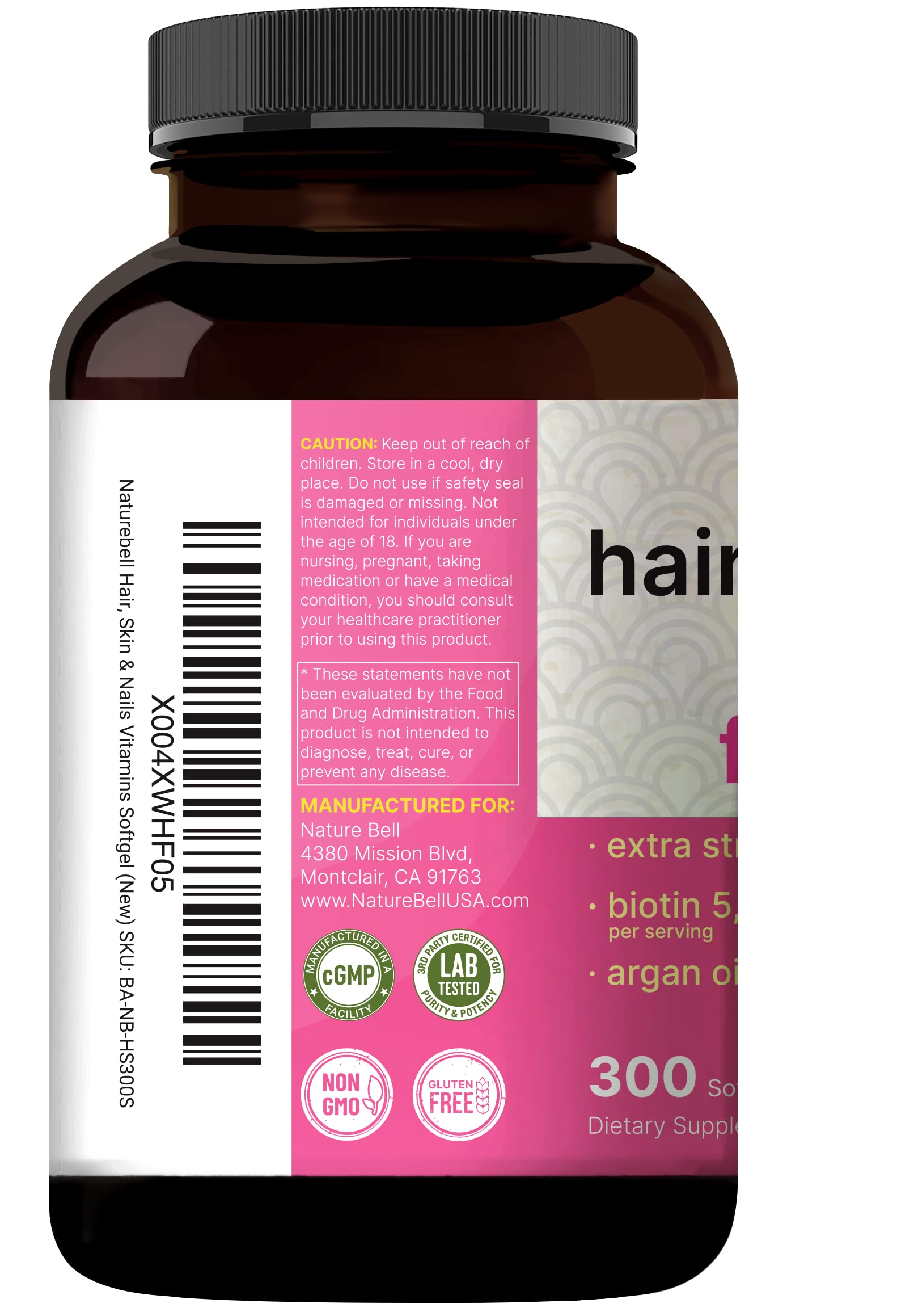 NatureBell Hair, Skin & Nails* Vitamins for Women, 300 Softgels – 5000mcg Biotin, Collagen, Keratin, Hyaluronic Acid, Argan Oil & B‑Complex – 21‑in‑1 Formula with MCT Oil, 100 Days Supply — Amazon image 8