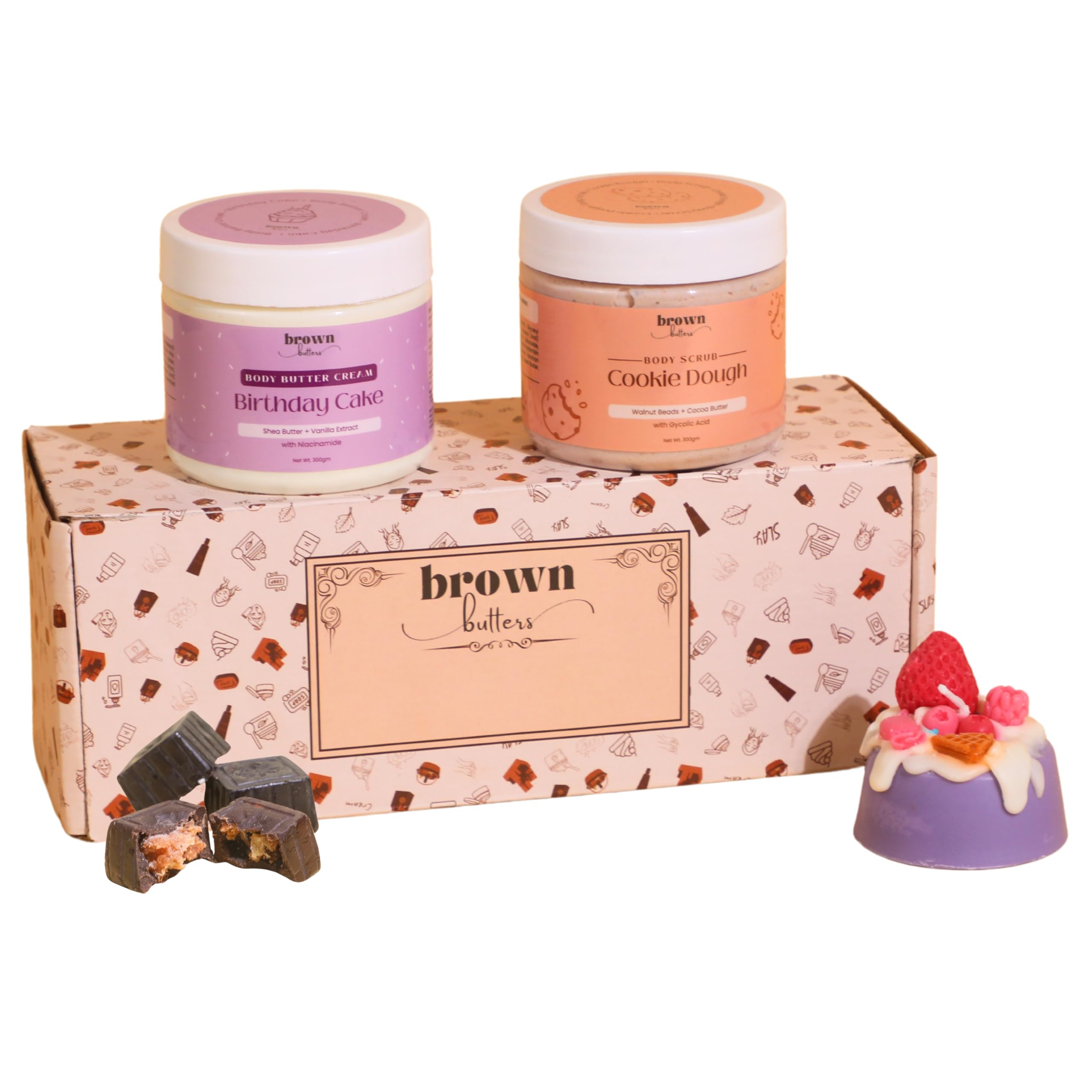 Birthday Party Bath & Body Gift Set | Pack of 4 | Cookie Dough Scrub, Birthday Cake Body Butter, Vanilla Cake Candle, Chocolates | Gift Box for Women & Men | Birthday, Anniversary, Special Occasions-image-6