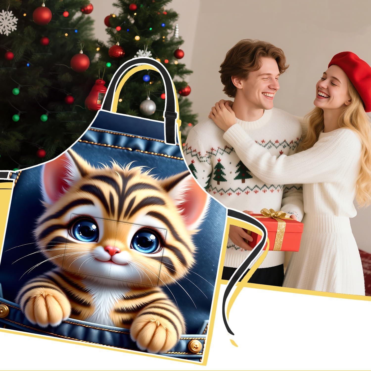 ANNA QUEEN Funny Cat Apron for Women Men with Pockets, Spring Sunflower Butterfly Apron Kitchen Chef Cooking Aprons