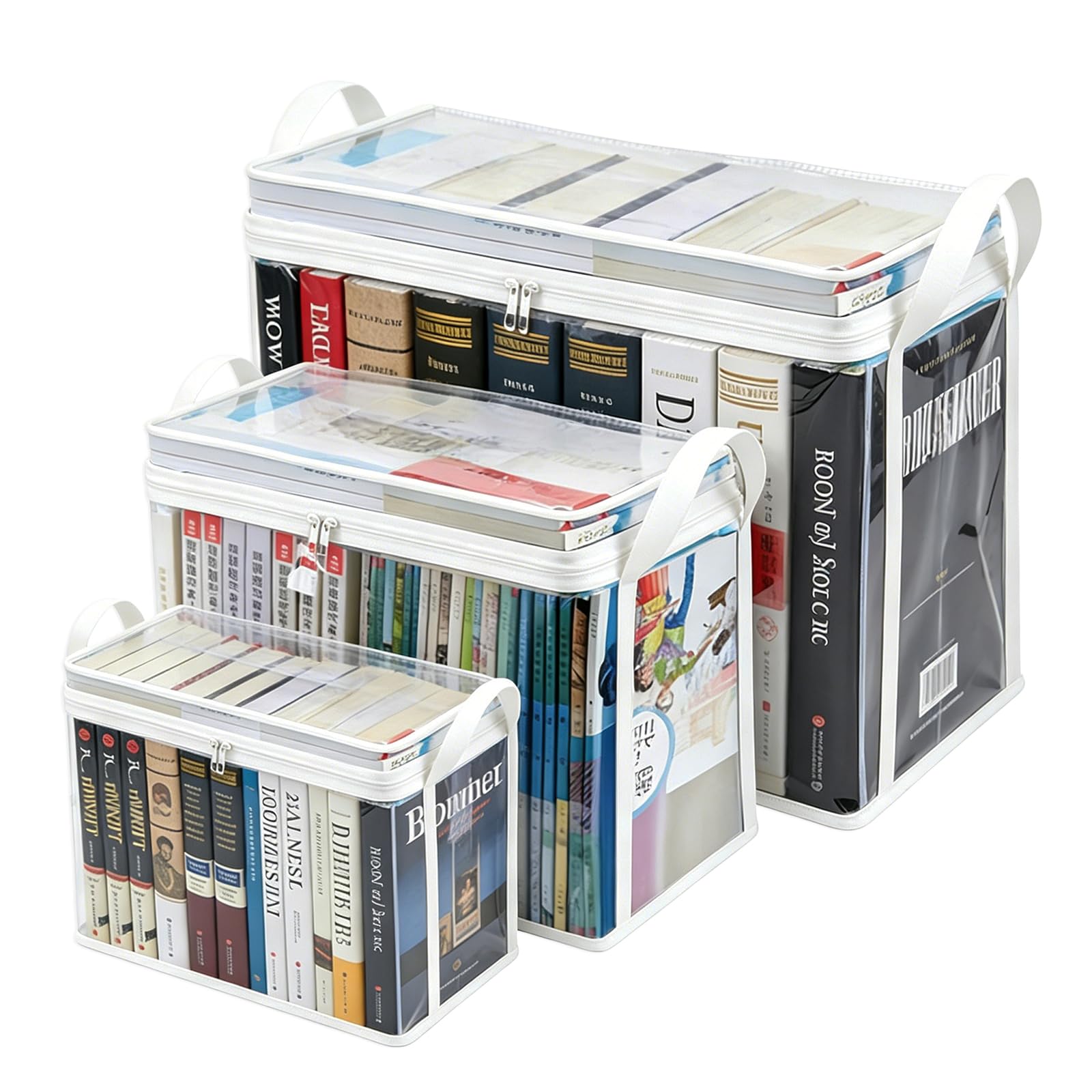 3 Pack Book Storage Box, Heavy Duty Storage Boxes with Lids for Books Transparent Book Storage Organizer Foldable Storage Boxes for Books Sturdy Book Box for Home, Office, Kids Book Storage (Whtie)